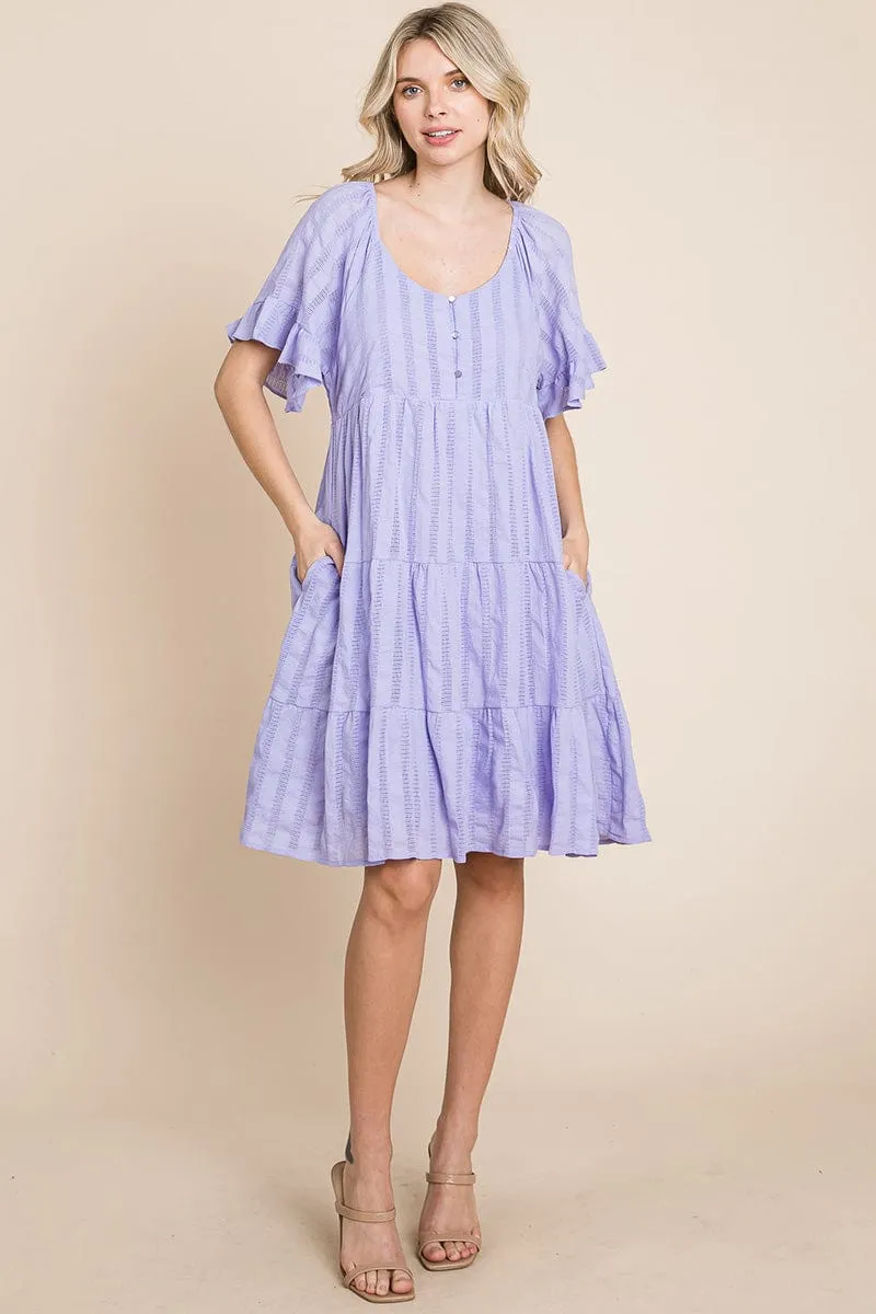 Stripe Textured Tiered Flutter Sleeve Cotton Dress