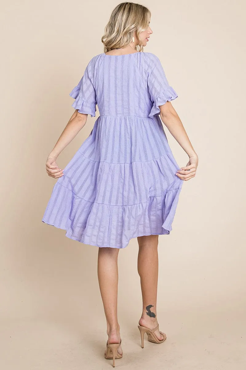 Stripe Textured Tiered Flutter Sleeve Cotton Dress