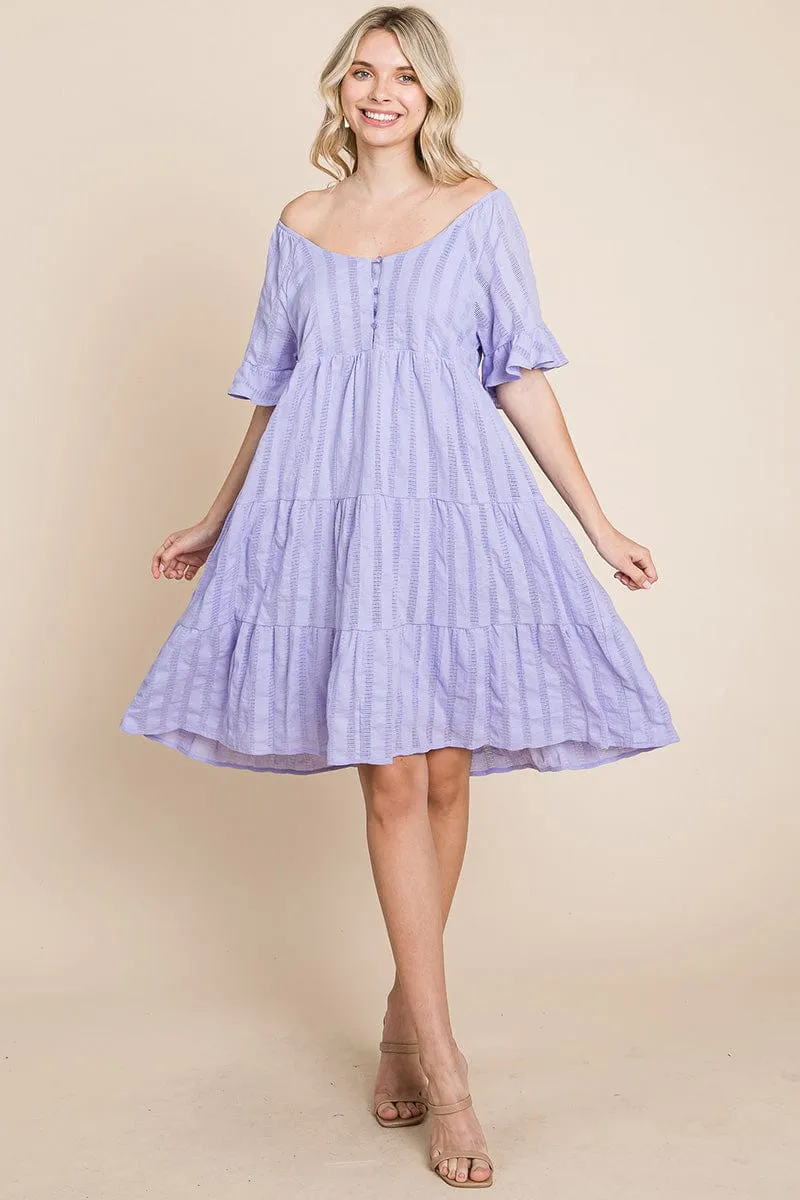 Stripe Textured Tiered Flutter Sleeve Cotton Dress