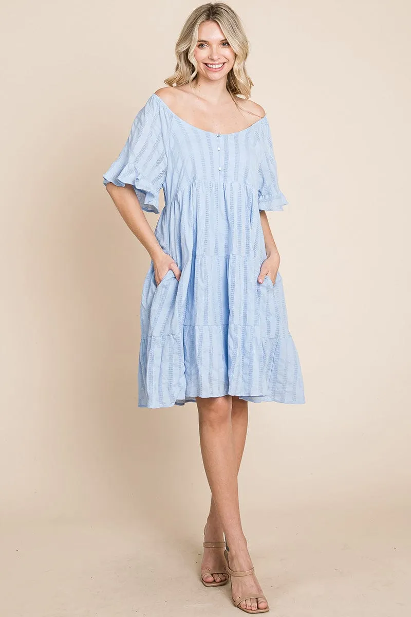 Stripe Textured Tiered Flutter Sleeve Cotton Dress