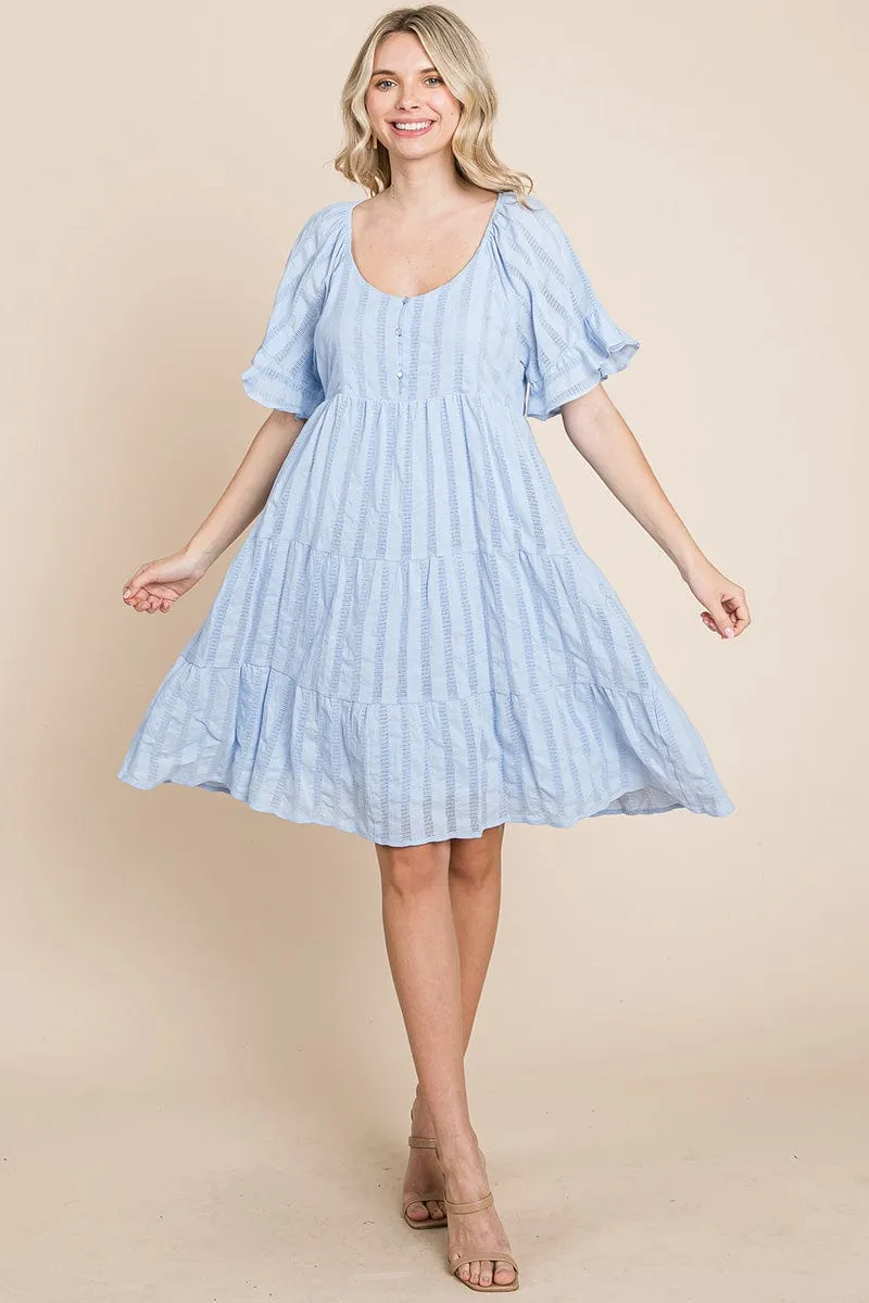 Stripe Textured Tiered Flutter Sleeve Cotton Dress