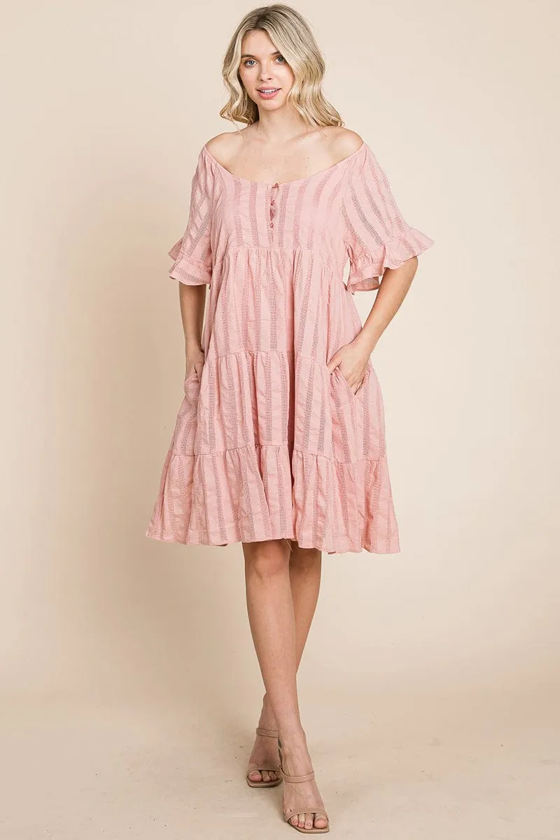 Stripe Textured Tiered Flutter Sleeve Cotton Dress