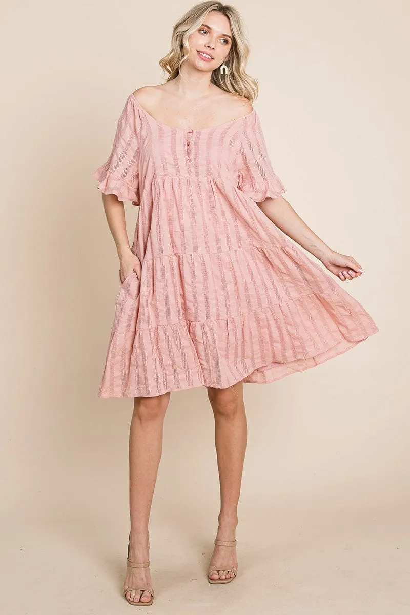 Stripe Textured Tiered Flutter Sleeve Cotton Dress