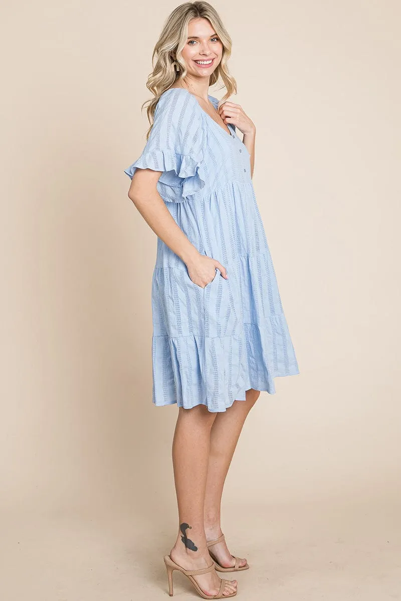 Stripe Textured Tiered Flutter Sleeve Cotton Dress