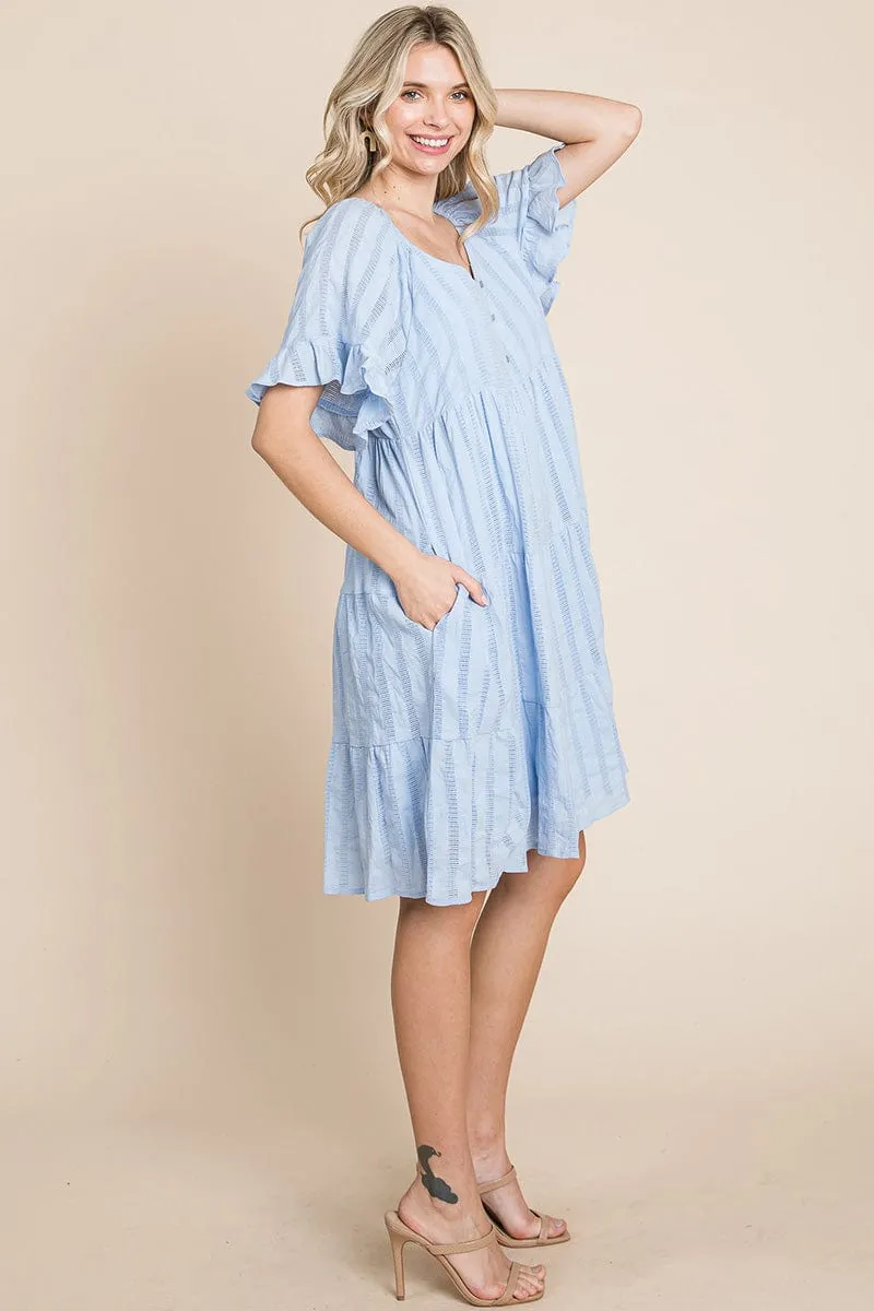 Stripe Textured Tiered Flutter Sleeve Cotton Dress