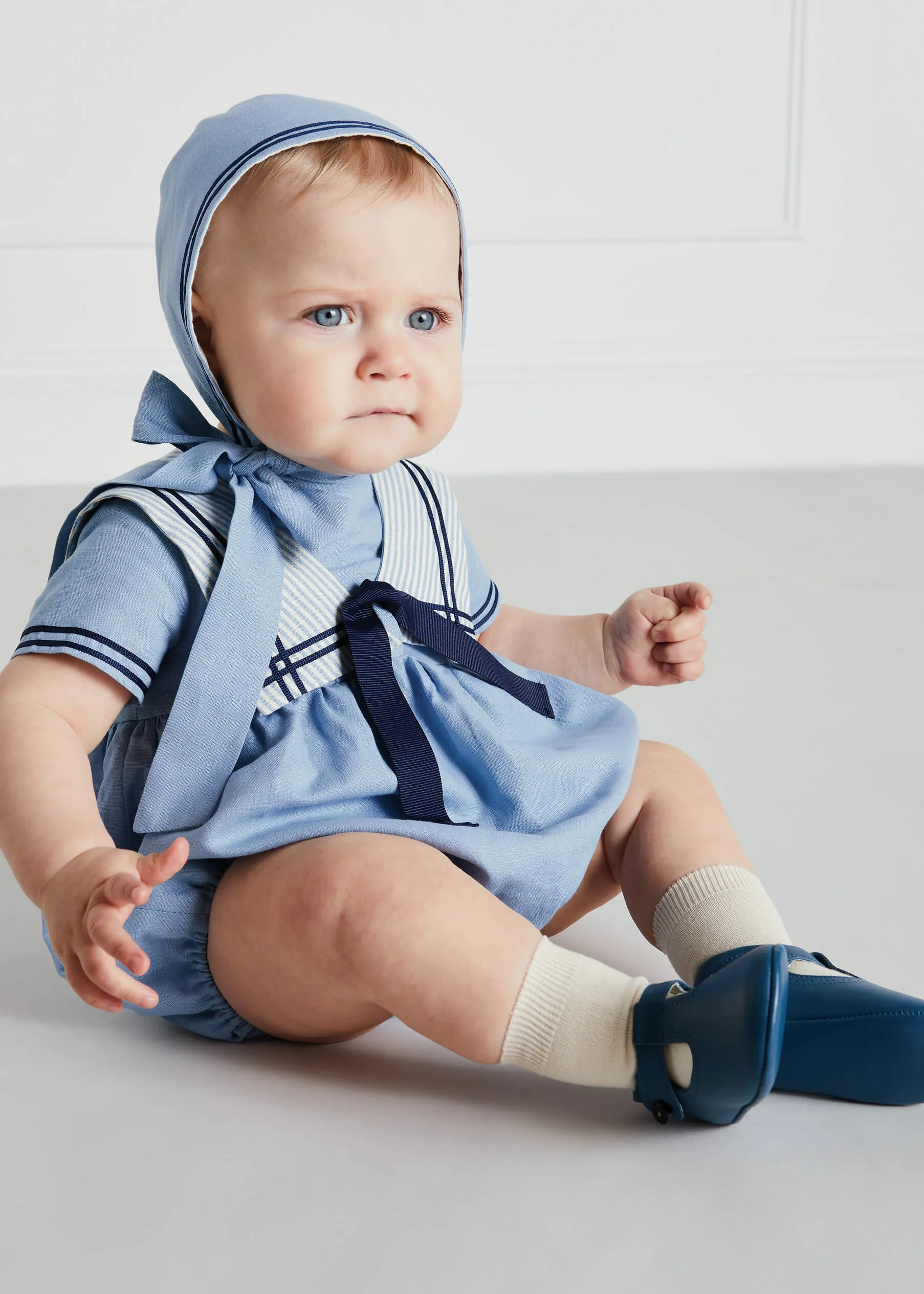 Striped Mariner Collar Short Sleeve Romper in Blue (3-18mths)