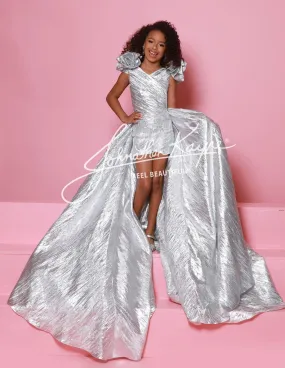 Sugar Kayne C364 Girls Pageant Crystal Romper Metallic Ruffle Shoulders Overskirt Formal