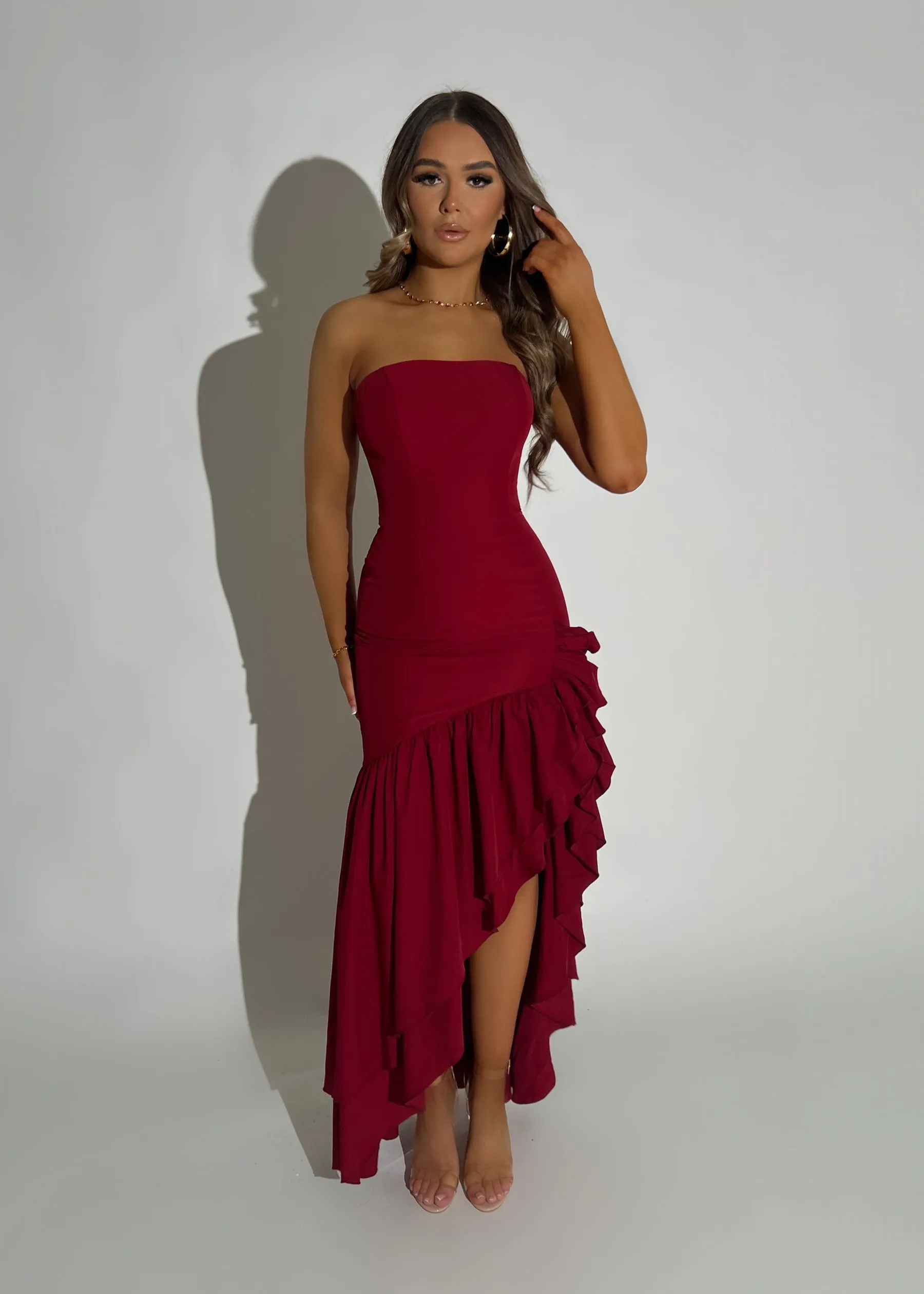 To Adore Ruffle Hem Maxi Dress - Wine