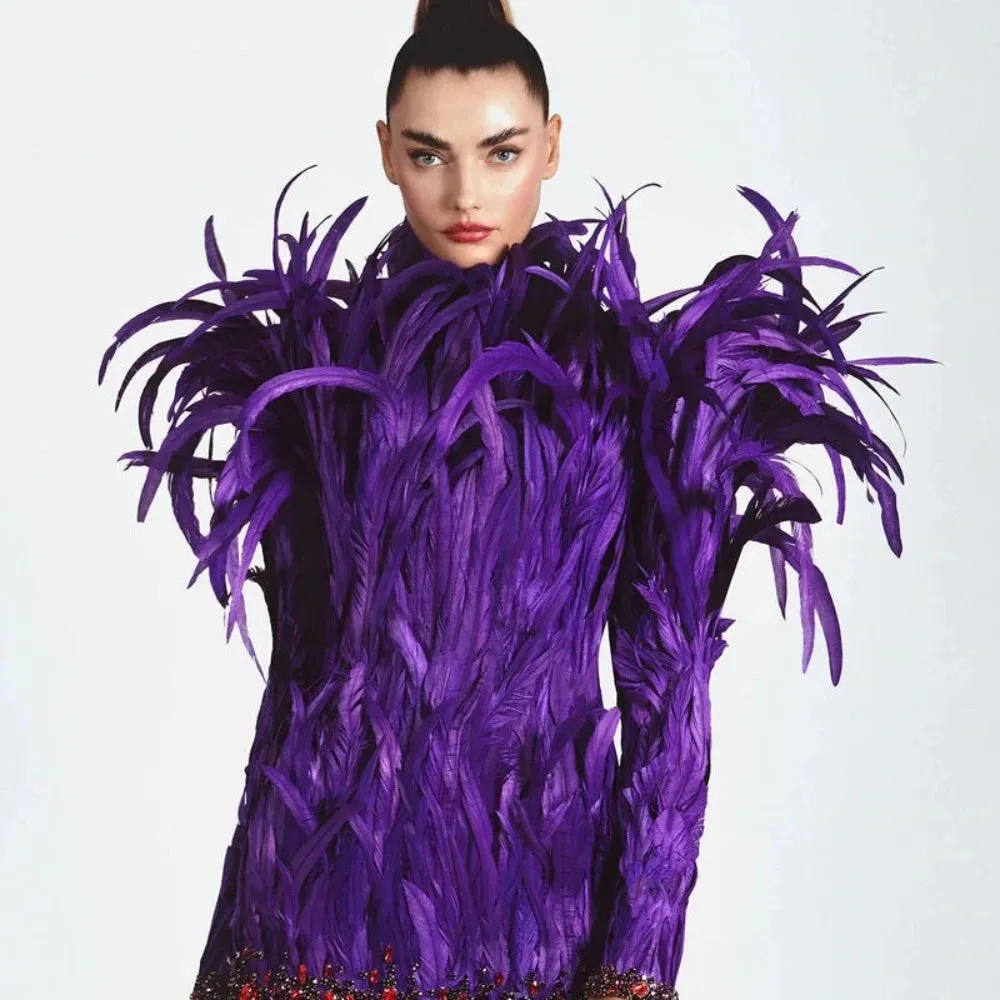 Trend4us Women's Handmade Elegant Purple Feather Backless Dress