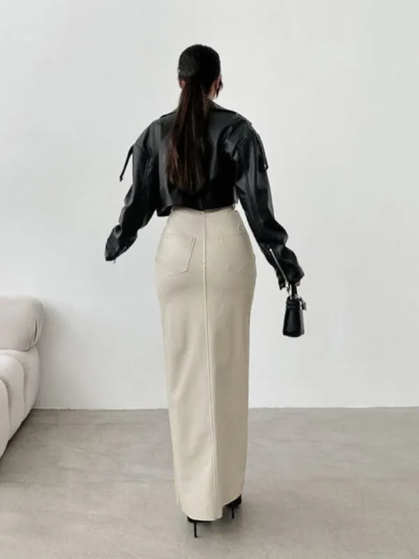 Trendy Faux Leather Maxi Skirt with Side Slit