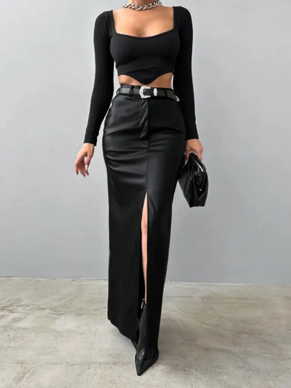 Trendy Faux Leather Maxi Skirt with Side Slit