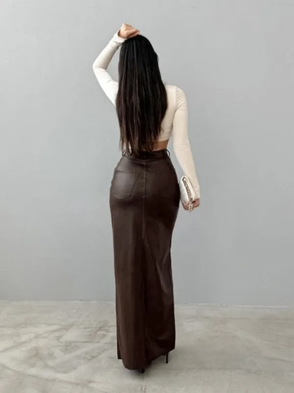 Trendy Faux Leather Maxi Skirt with Side Slit