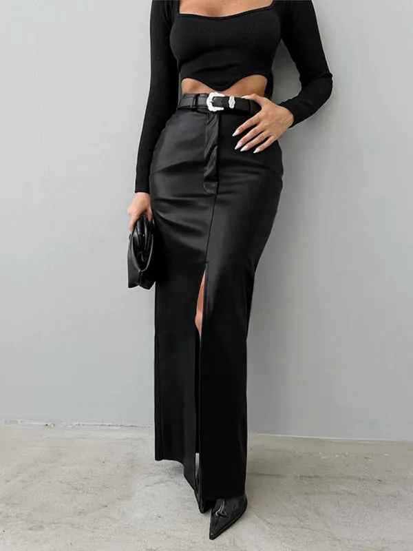 Trendy Faux Leather Maxi Skirt with Side Slit