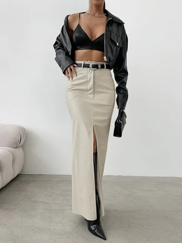 Trendy Faux Leather Maxi Skirt with Side Slit