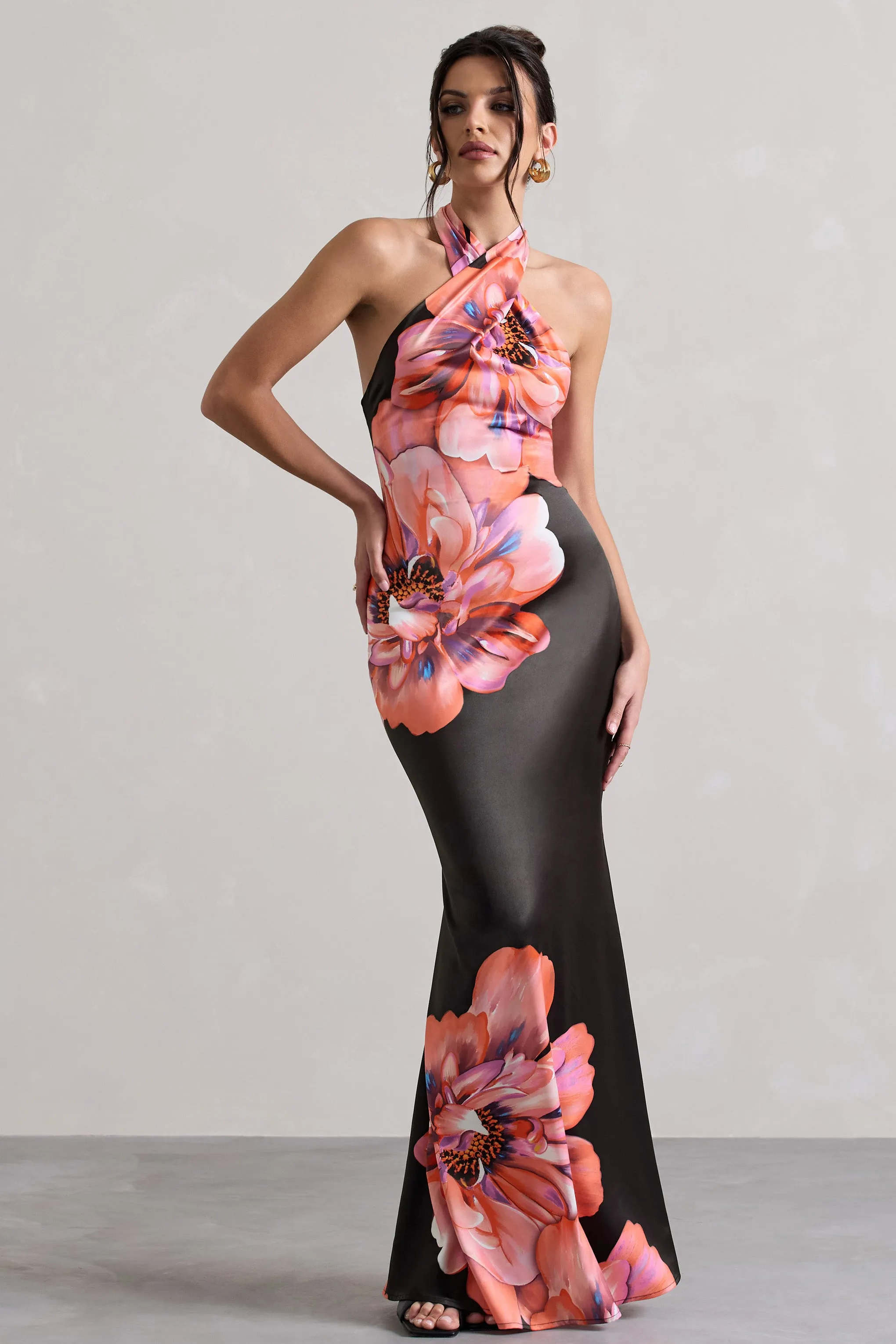 Tropicana | Pink Floral Satin Cross Over Halterneck Maxi Dress