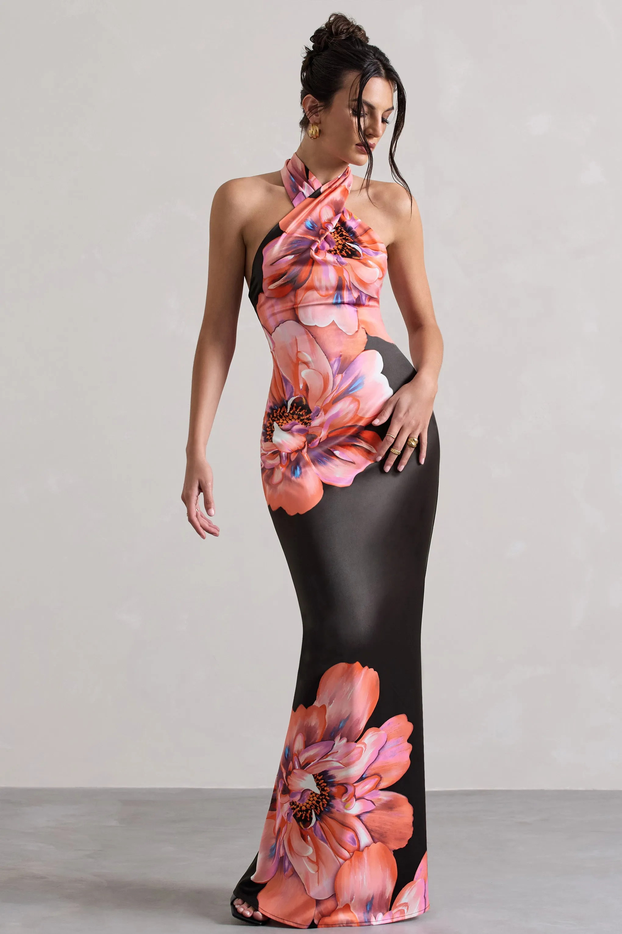 Tropicana | Pink Floral Satin Cross Over Halterneck Maxi Dress