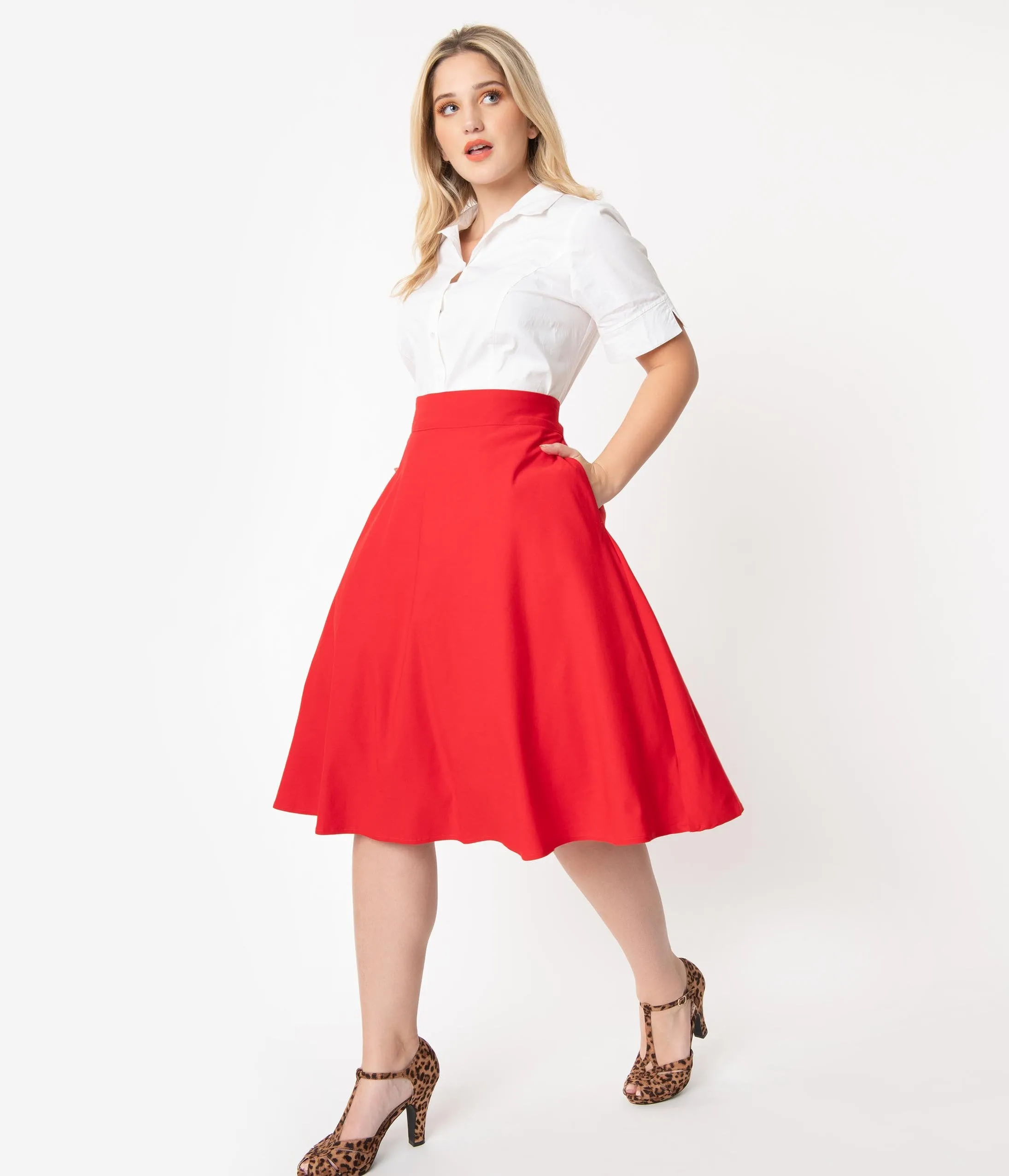 Unique Vintage Plus Size Retro Red Stretch Vivien Swing Skirt