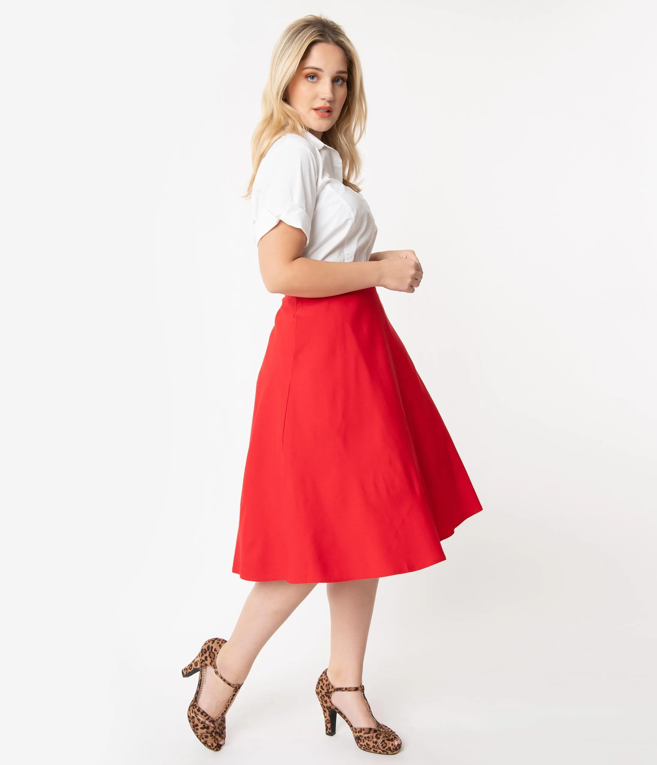 Unique Vintage Plus Size Retro Red Stretch Vivien Swing Skirt