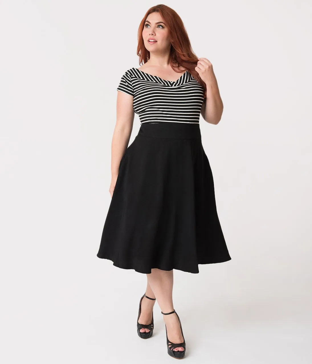 Unique Vintage Plus Size Retro Style Black High Waist Vivien Swing Skirt