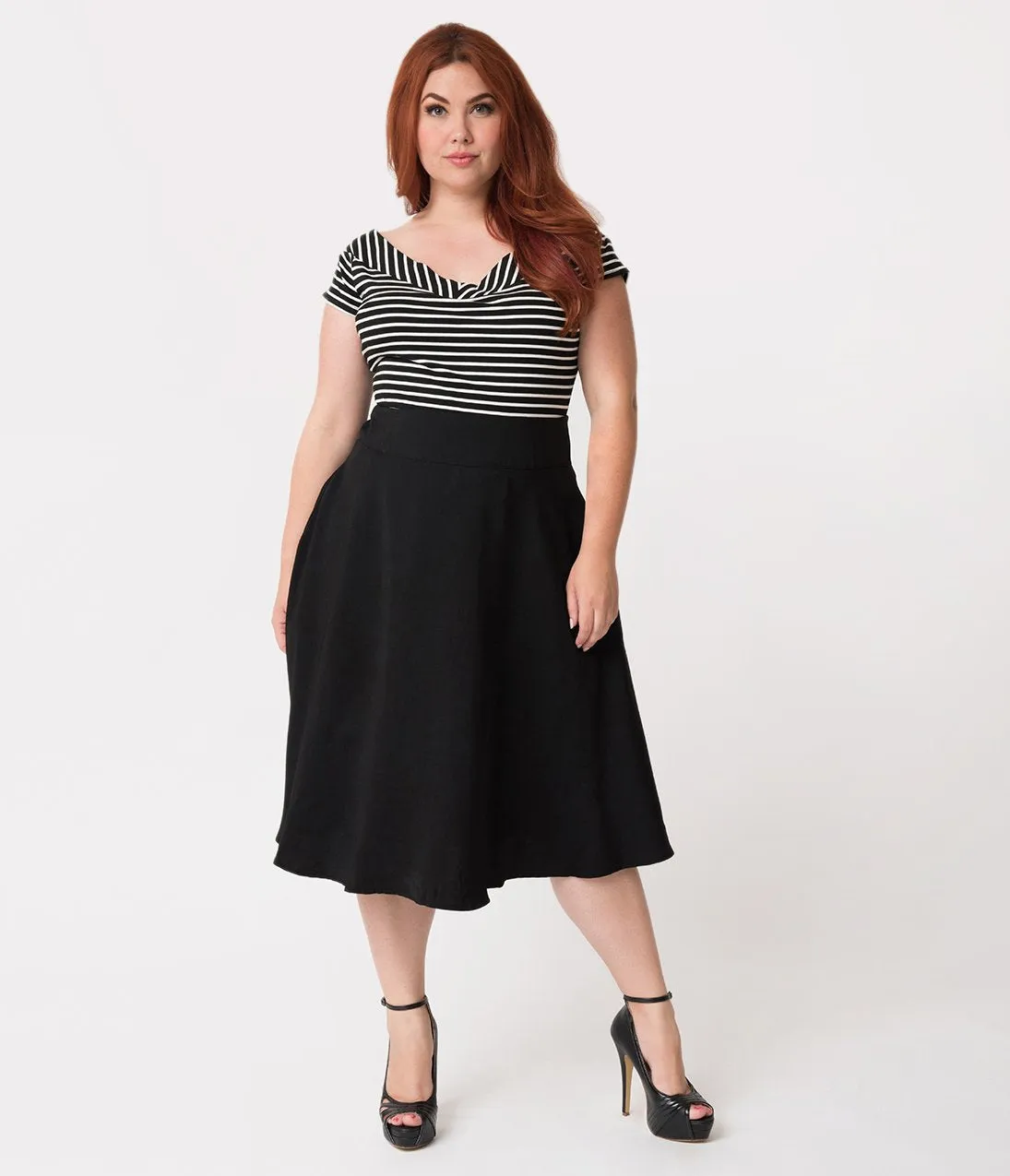 Unique Vintage Plus Size Retro Style Black High Waist Vivien Swing Skirt