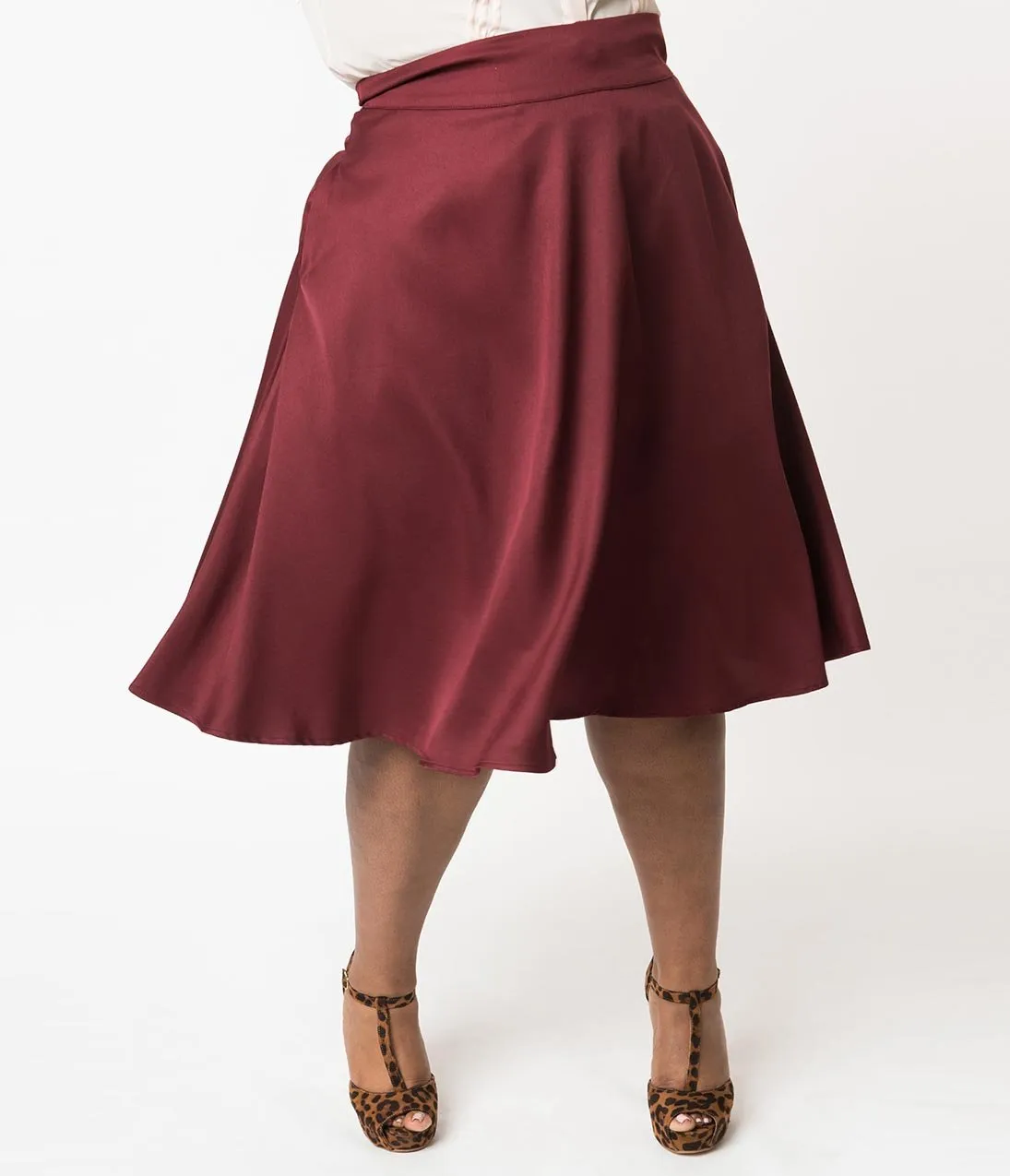 Unique Vintage Plus Size Retro Style Burgundy High Waist Vivien Swing Skirt