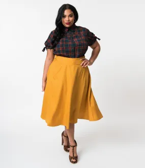 Unique Vintage Plus Size Retro Style Mustard Yellow High Waist Vivien Swing Skirt