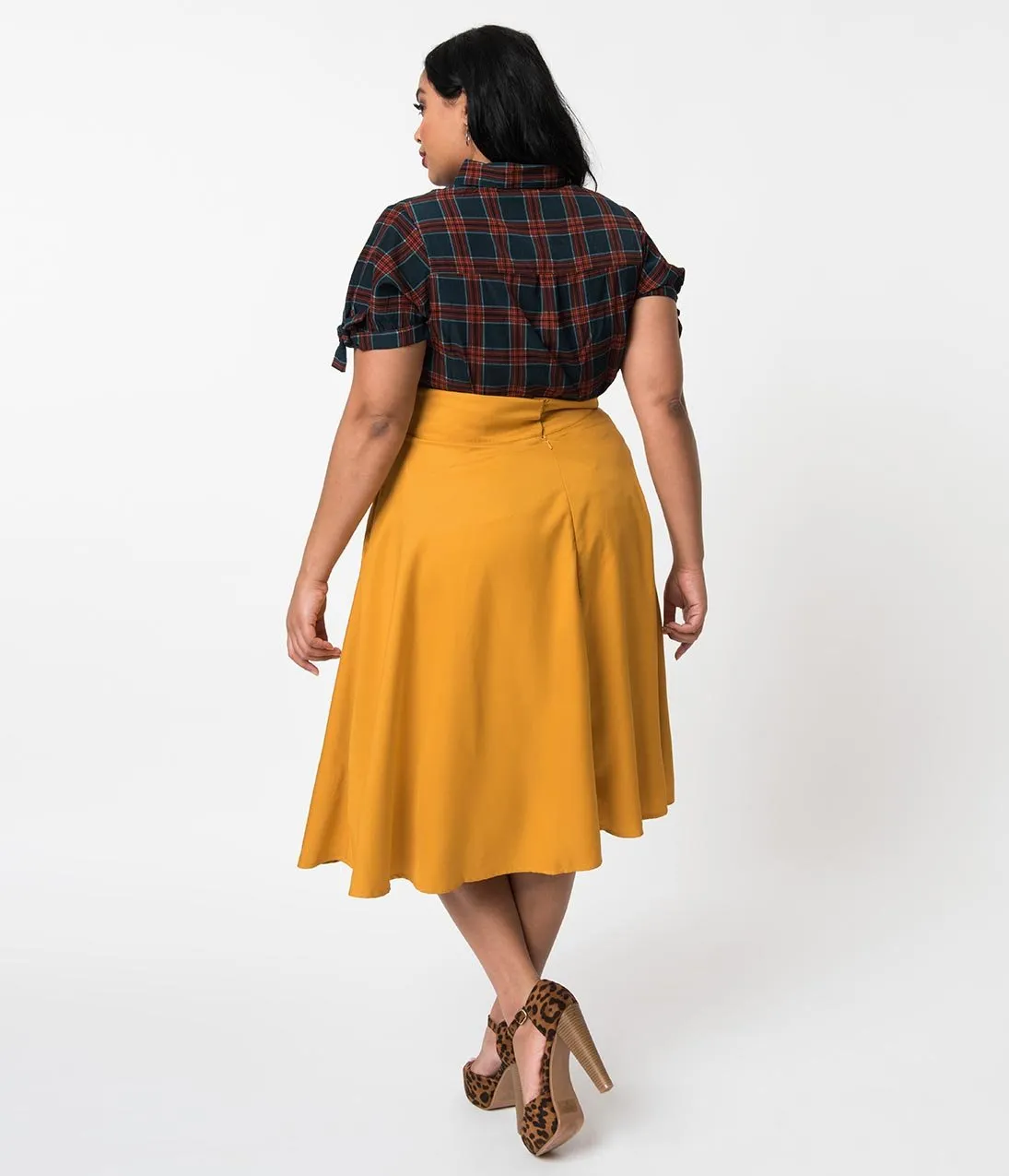 Unique Vintage Plus Size Retro Style Mustard Yellow High Waist Vivien Swing Skirt