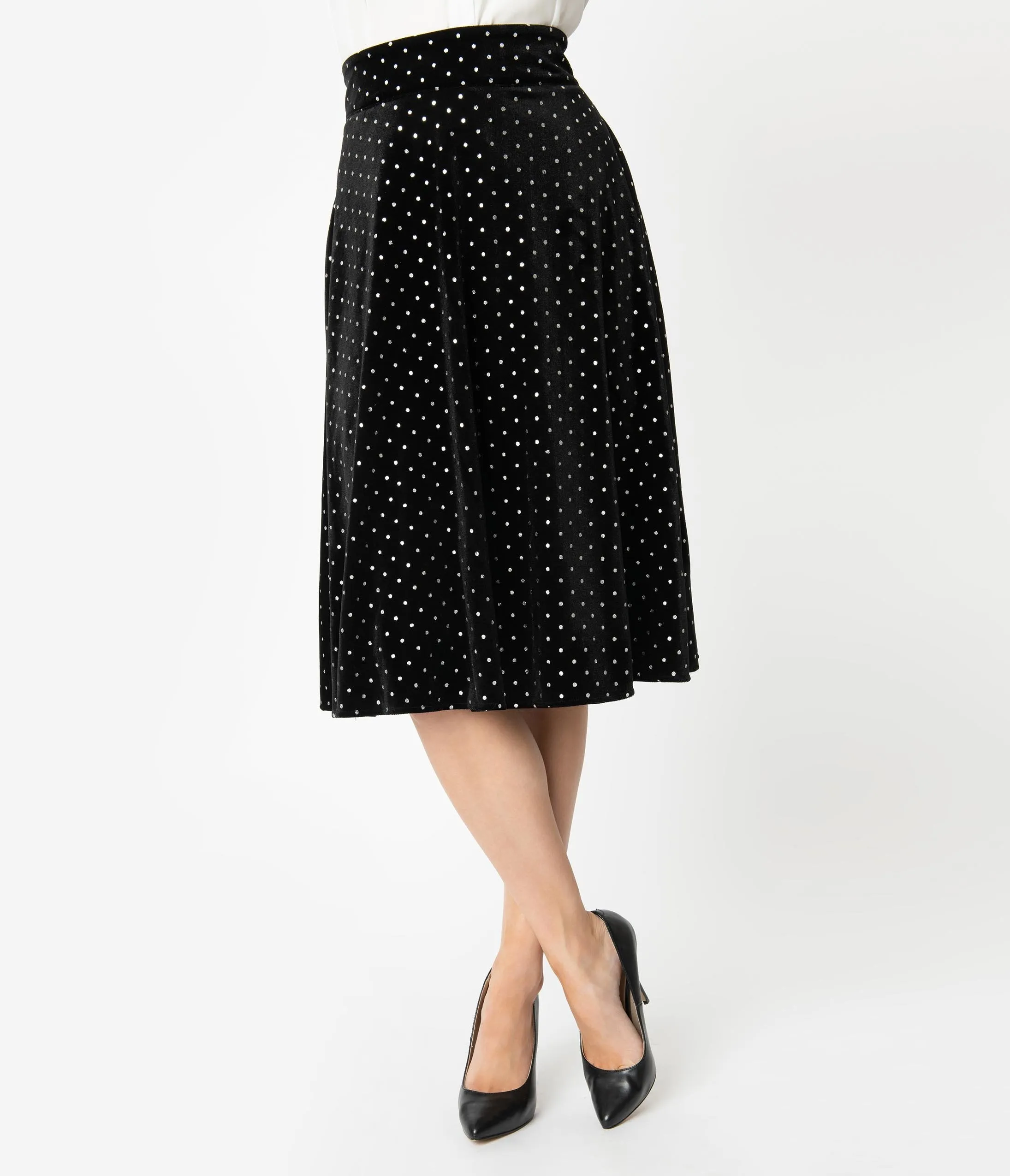 Unique Vintage Retro Black & Silver Polka Dot Velvet Vivien Swing Skirt