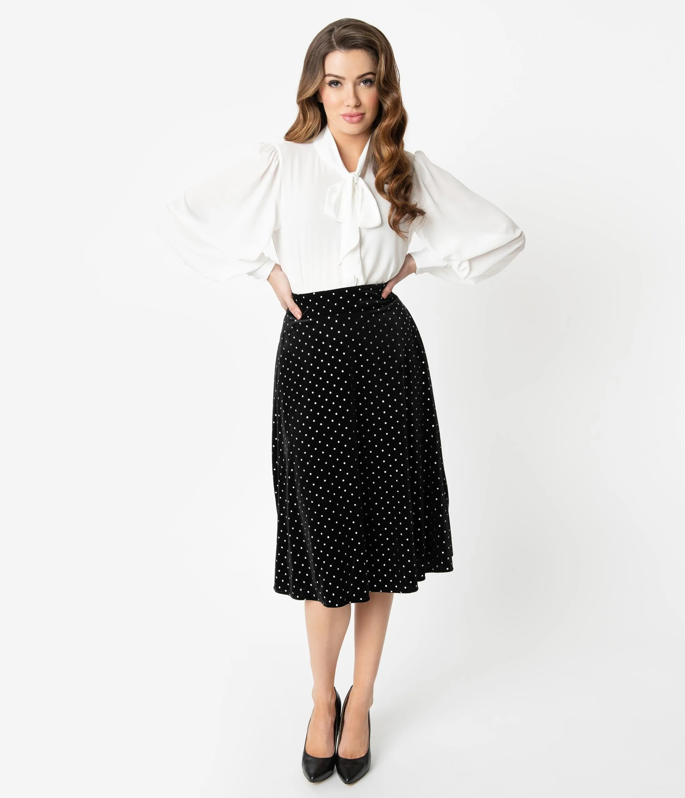 Unique Vintage Retro Black & Silver Polka Dot Velvet Vivien Swing Skirt