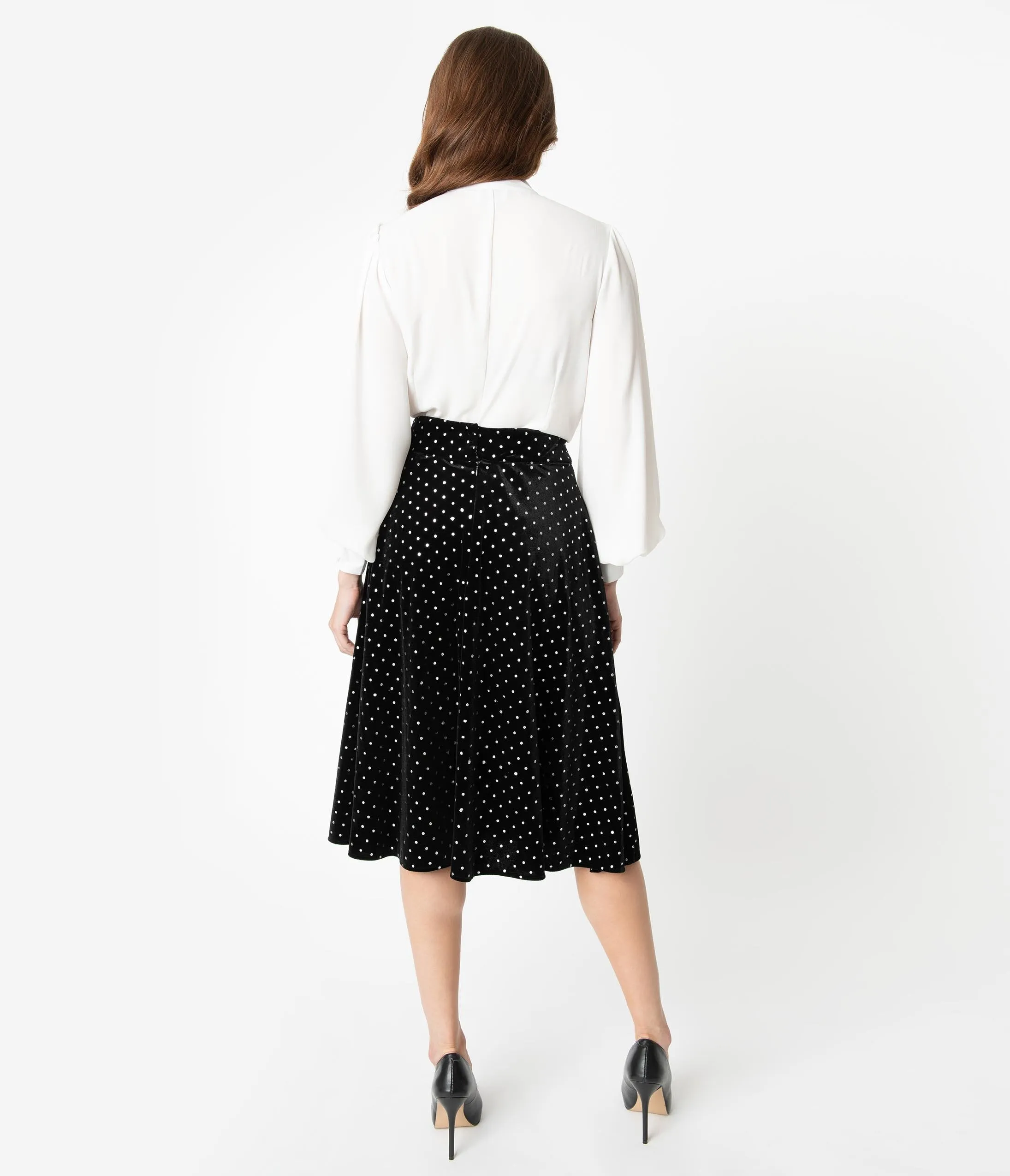 Unique Vintage Retro Black & Silver Polka Dot Velvet Vivien Swing Skirt