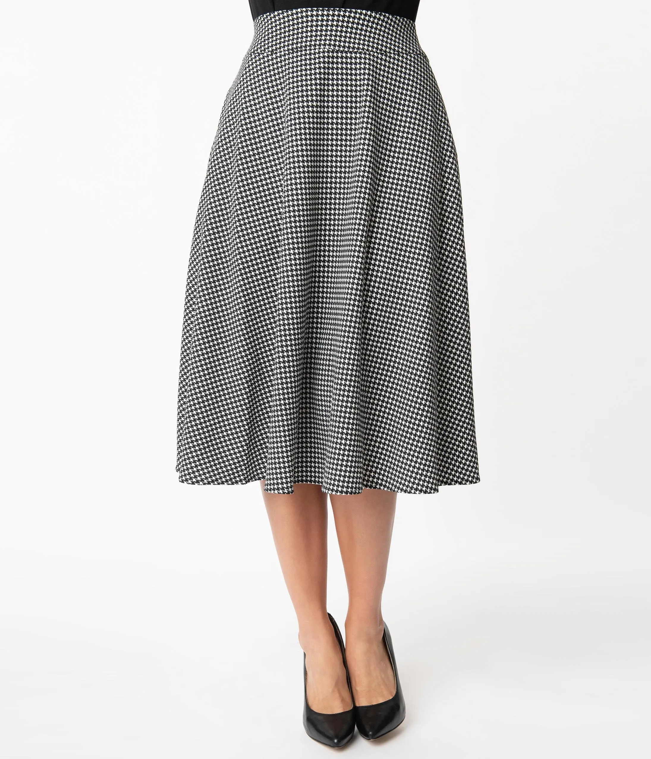 Unique Vintage Retro Black & White Houndstooth High Waist Vivien Swing Skirt