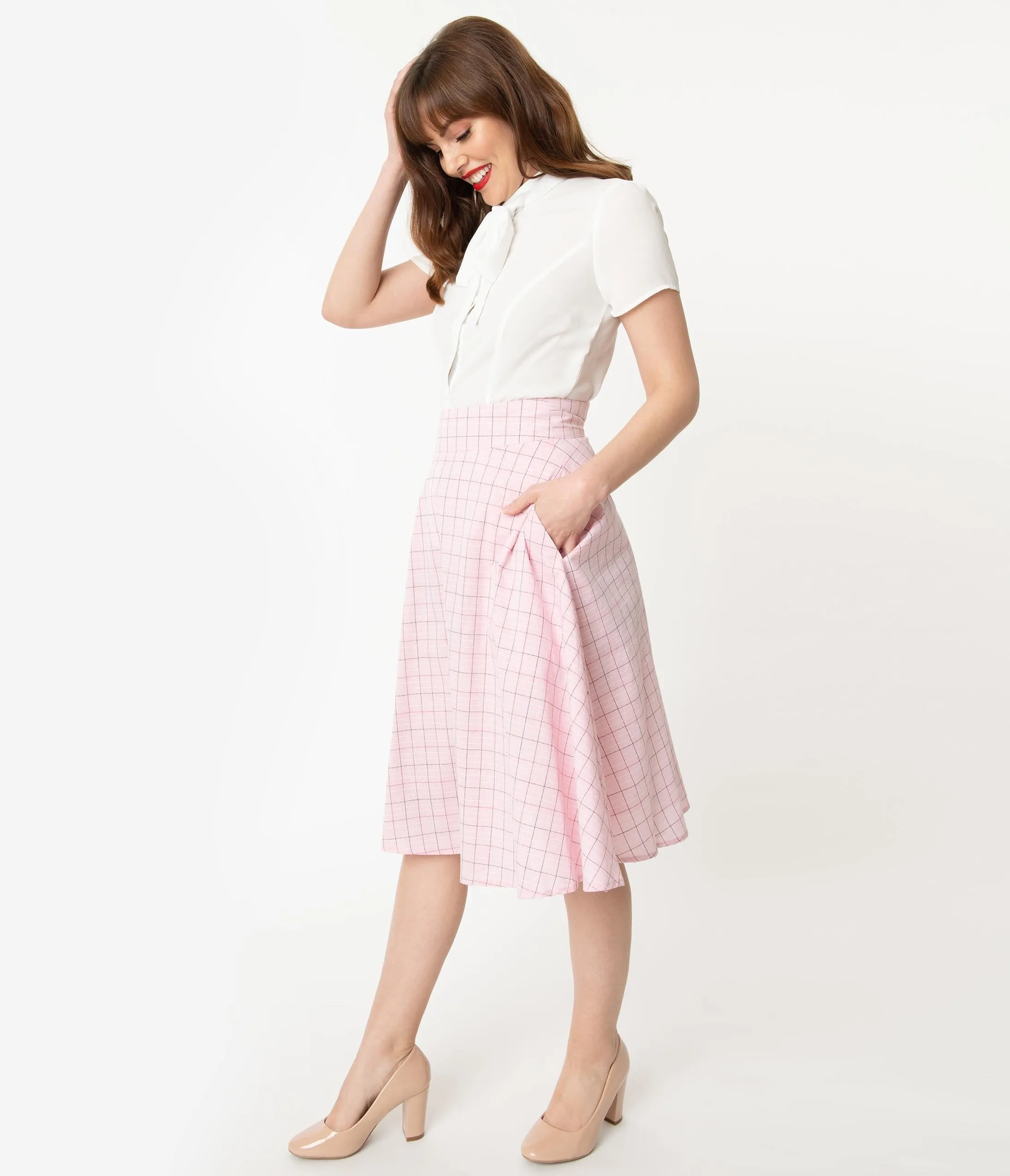 Unique Vintage Retro Pink Checkered Vivien Swing Skirt