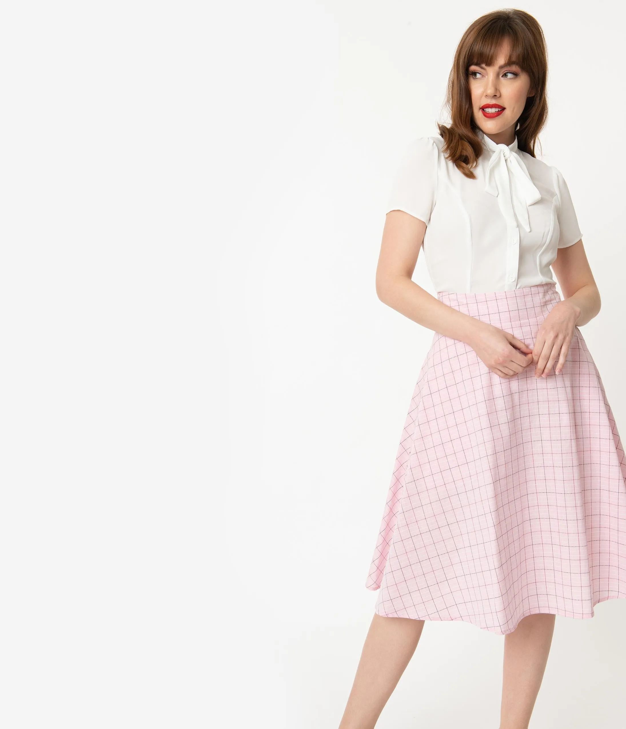 Unique Vintage Retro Pink Checkered Vivien Swing Skirt