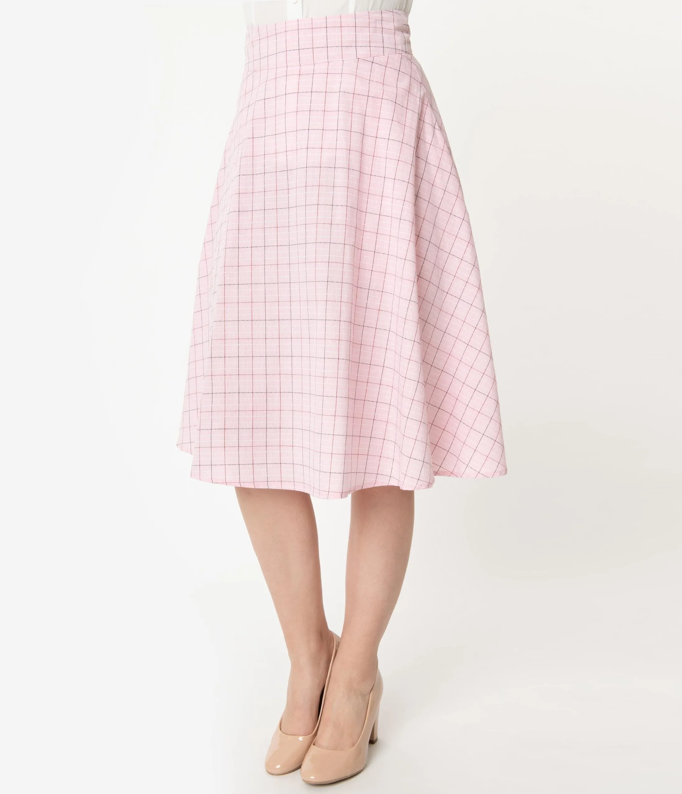 Unique Vintage Retro Pink Checkered Vivien Swing Skirt