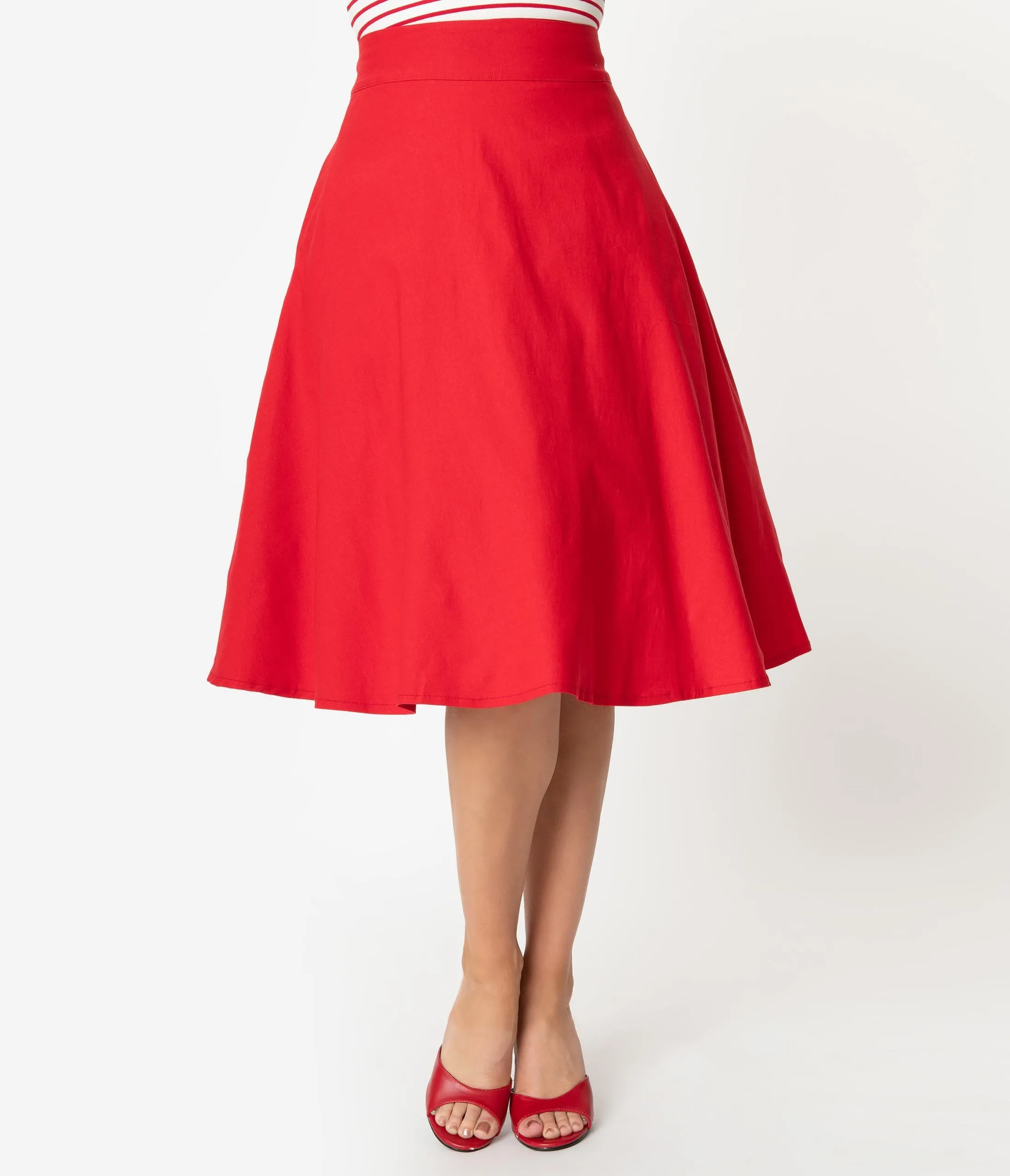 Unique Vintage Retro Red Stretch Vivien Swing Skirt