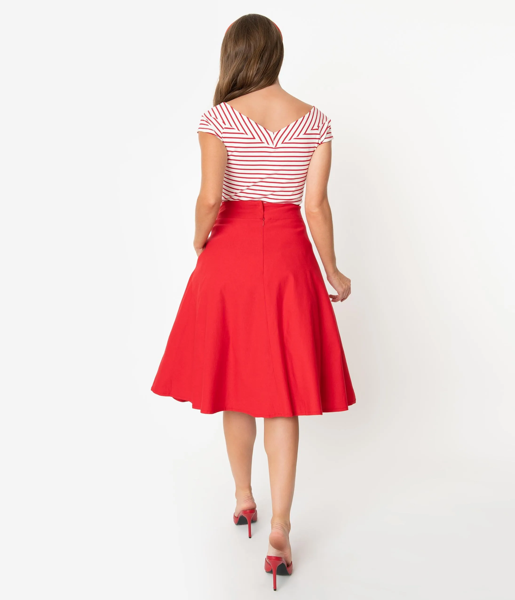 Unique Vintage Retro Red Stretch Vivien Swing Skirt