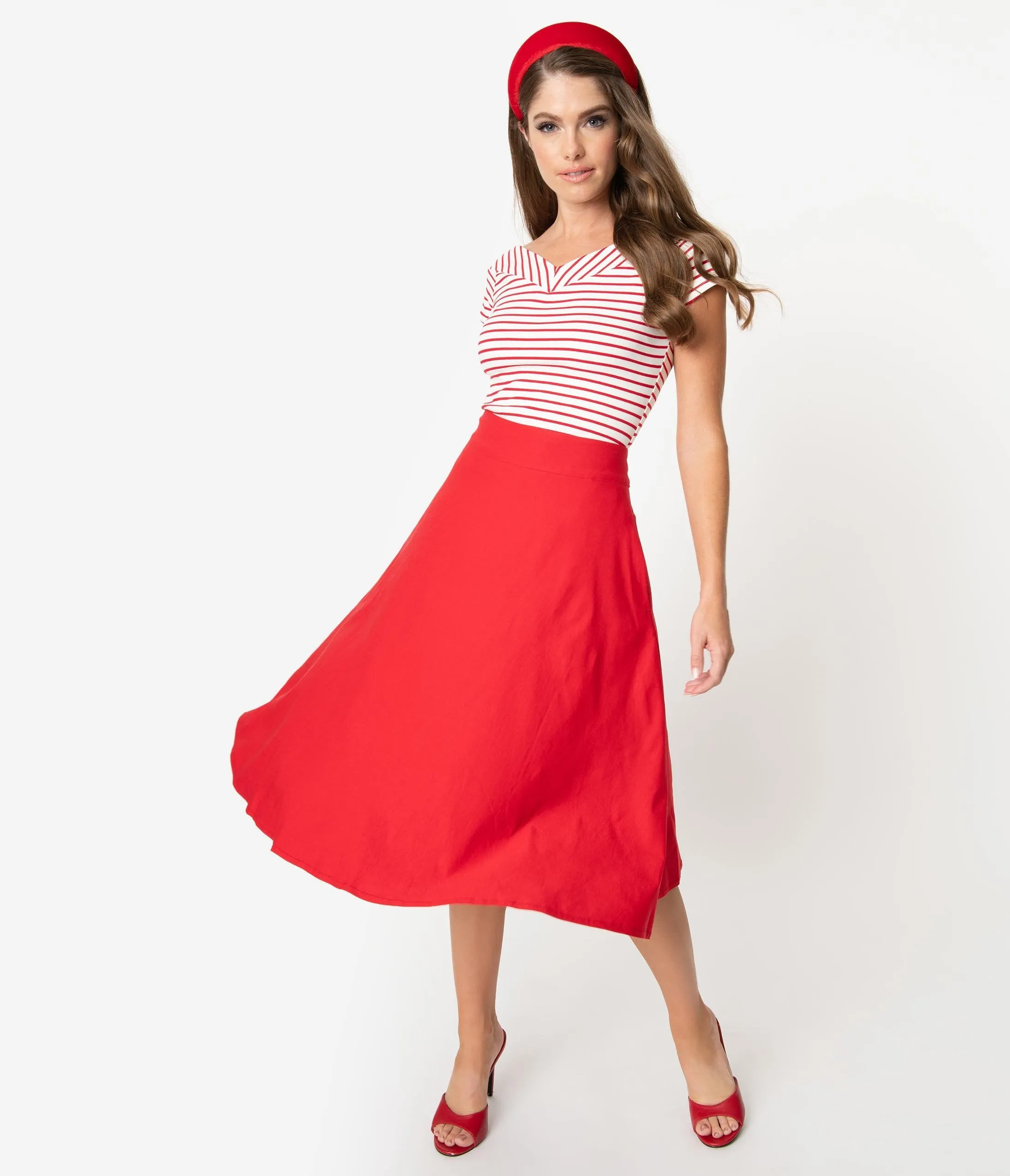 Unique Vintage Retro Red Stretch Vivien Swing Skirt