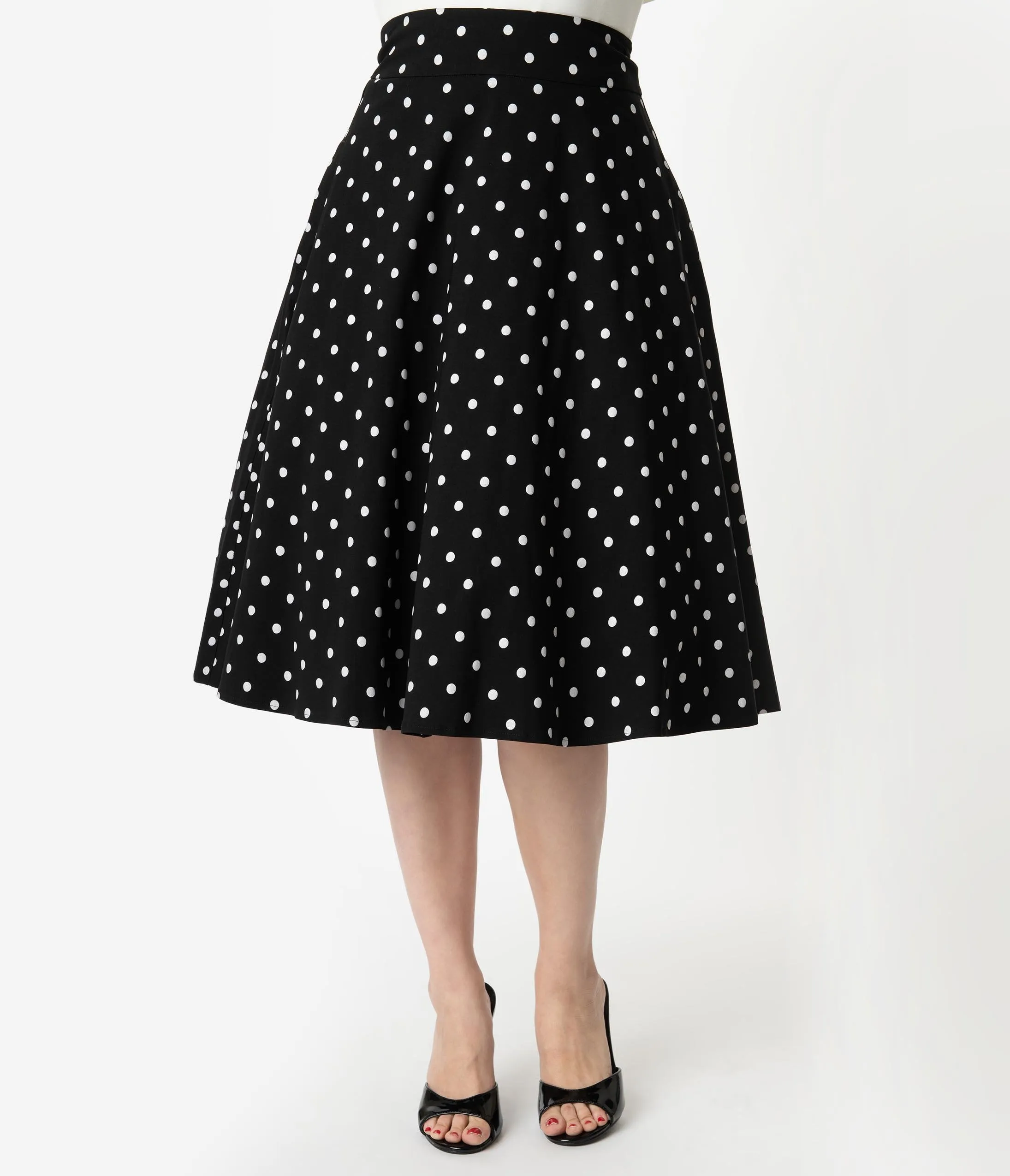 Unique Vintage Retro Style Black & White Polka Dot High Waist Vivien Swing Skirt