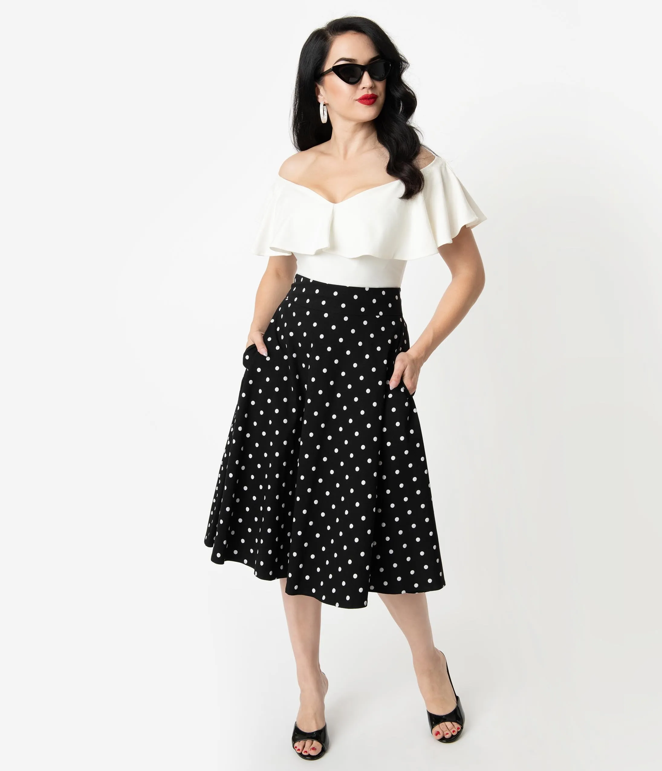 Unique Vintage Retro Style Black & White Polka Dot High Waist Vivien Swing Skirt