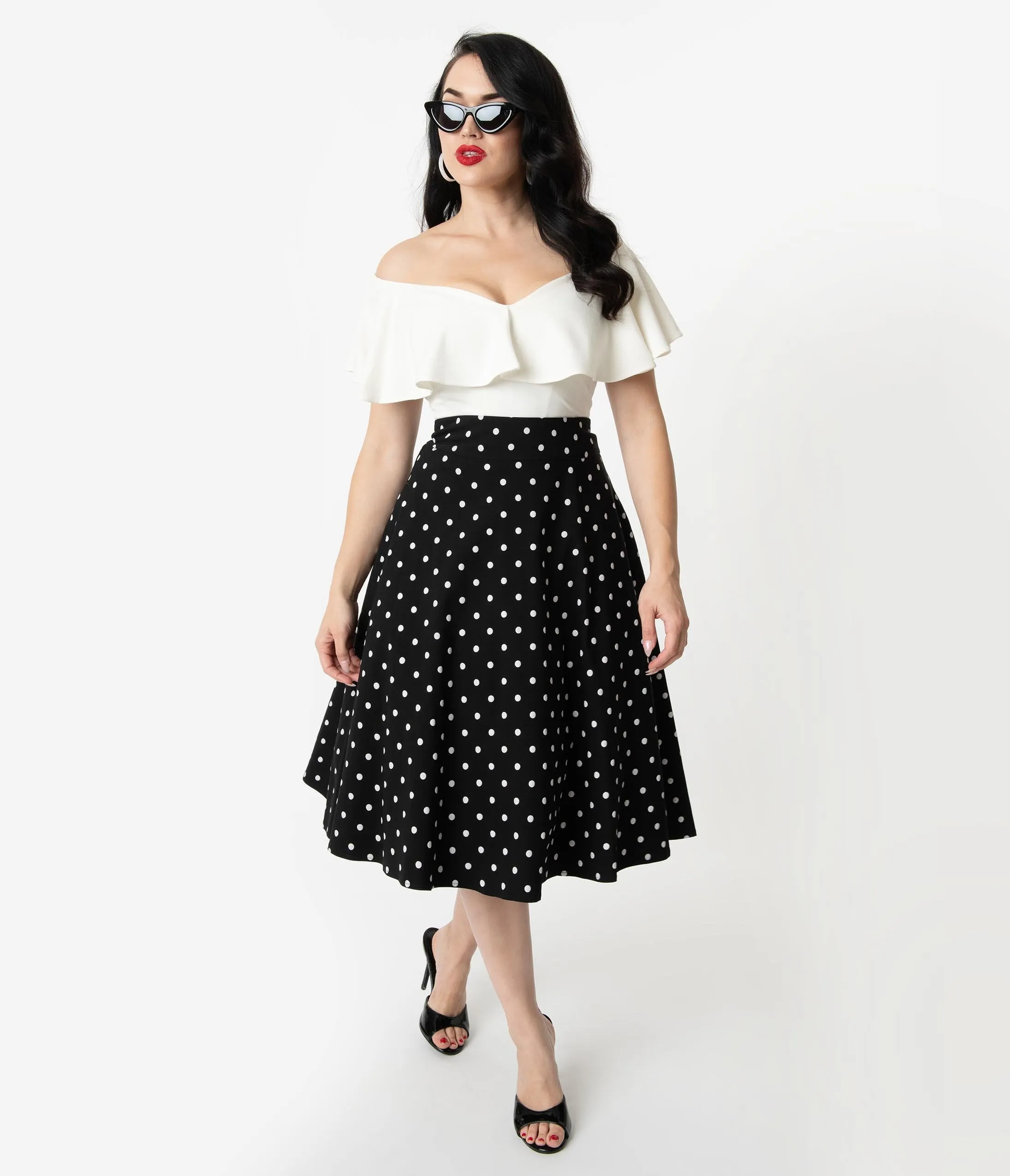 Unique Vintage Retro Style Black & White Polka Dot High Waist Vivien Swing Skirt