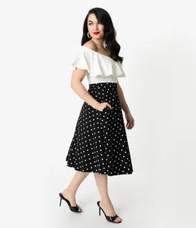 Unique Vintage Retro Style Black & White Polka Dot High Waist Vivien Swing Skirt