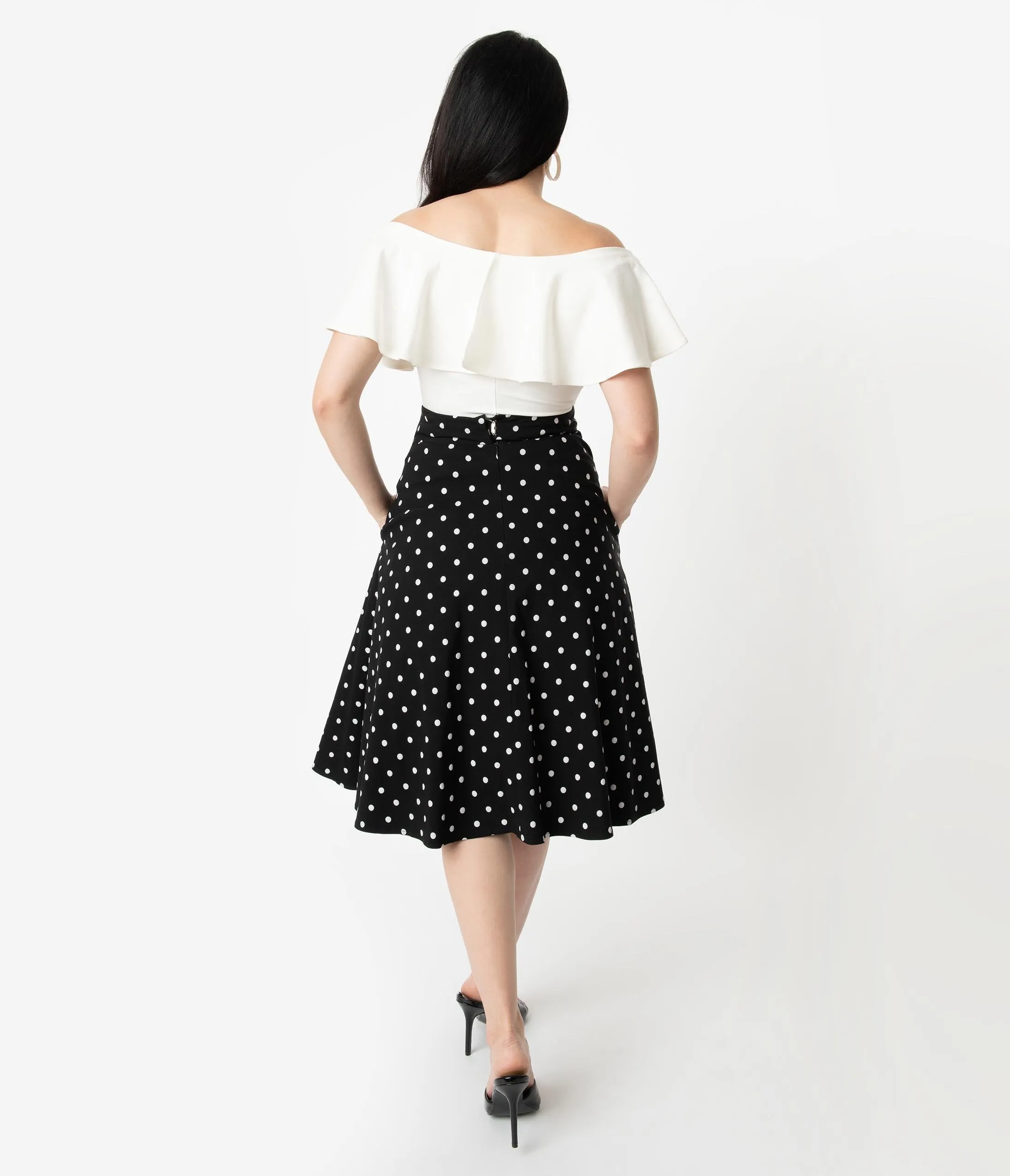 Unique Vintage Retro Style Black & White Polka Dot High Waist Vivien Swing Skirt