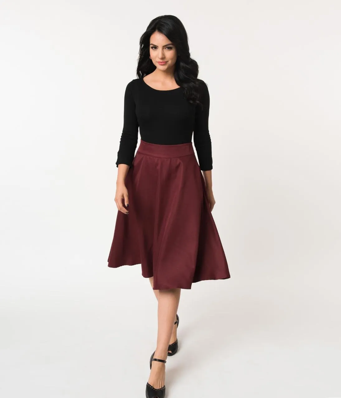 Unique Vintage Retro Style Burgundy High Waist Vivien Swing Skirt