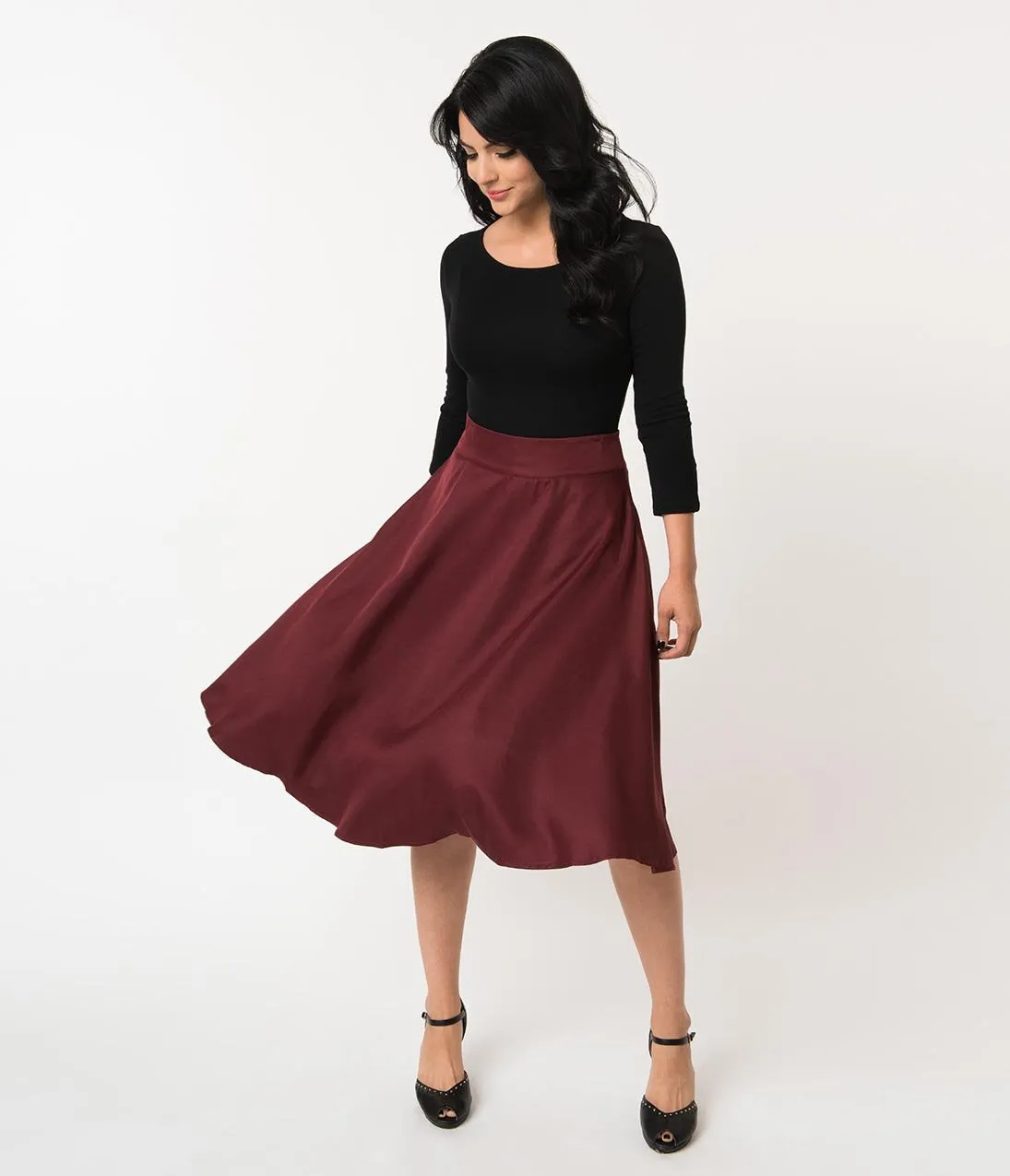 Unique Vintage Retro Style Burgundy High Waist Vivien Swing Skirt