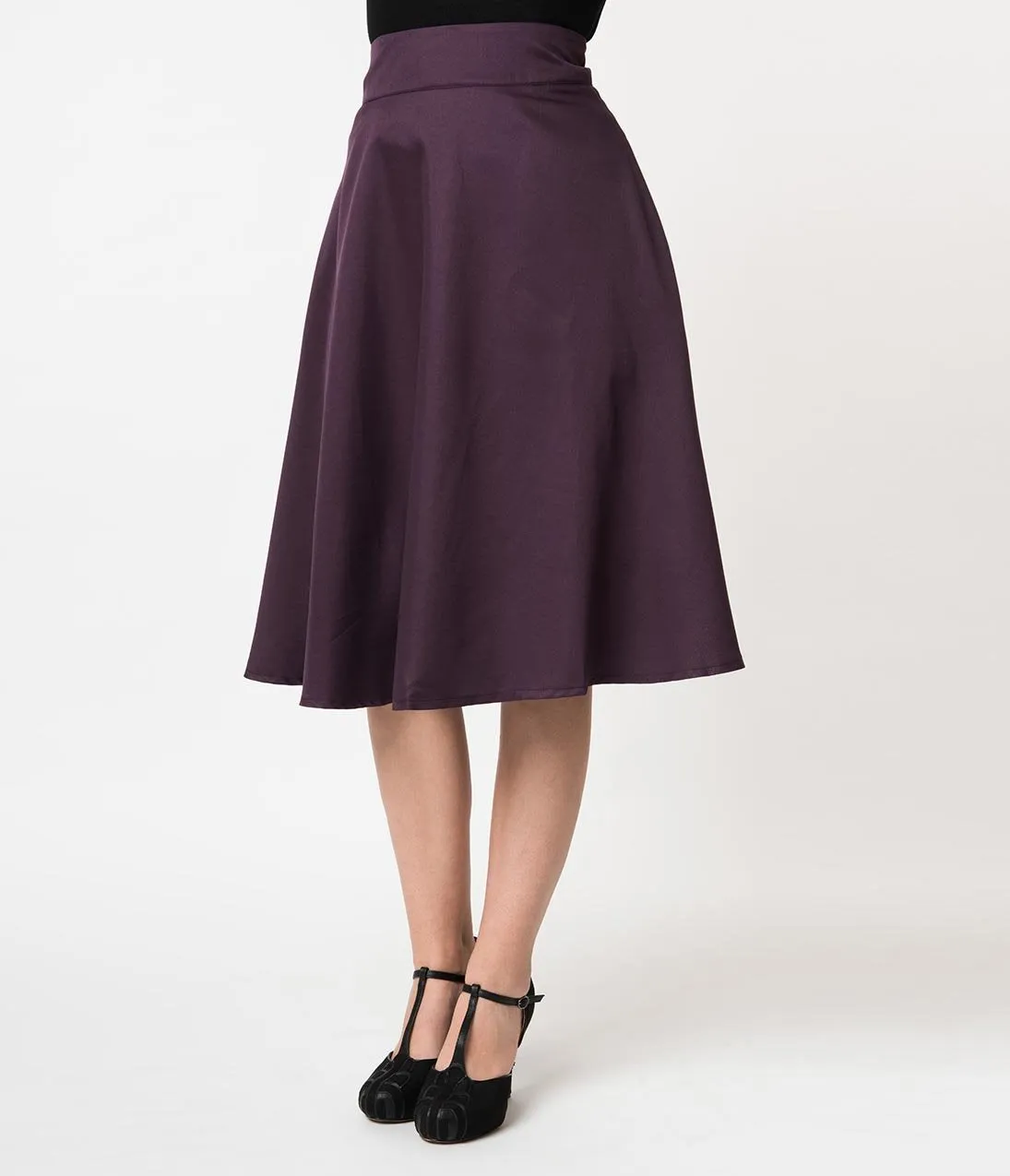 Unique Vintage Retro Style Eggplant Purple High Waist Vivien Swing Skirt