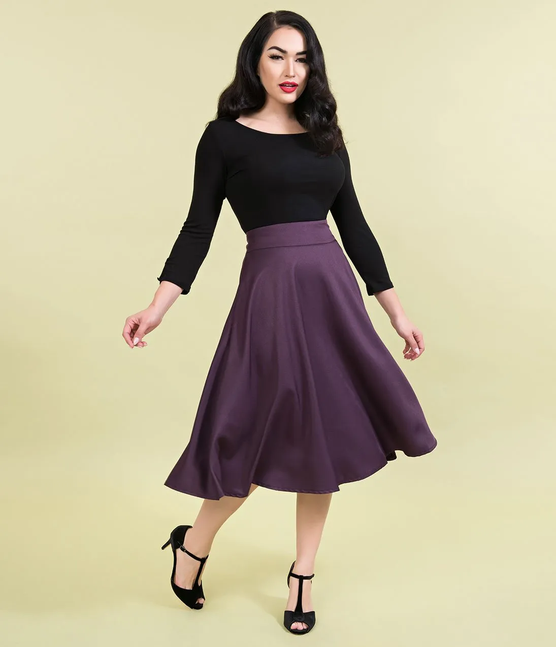 Unique Vintage Retro Style Eggplant Purple High Waist Vivien Swing Skirt