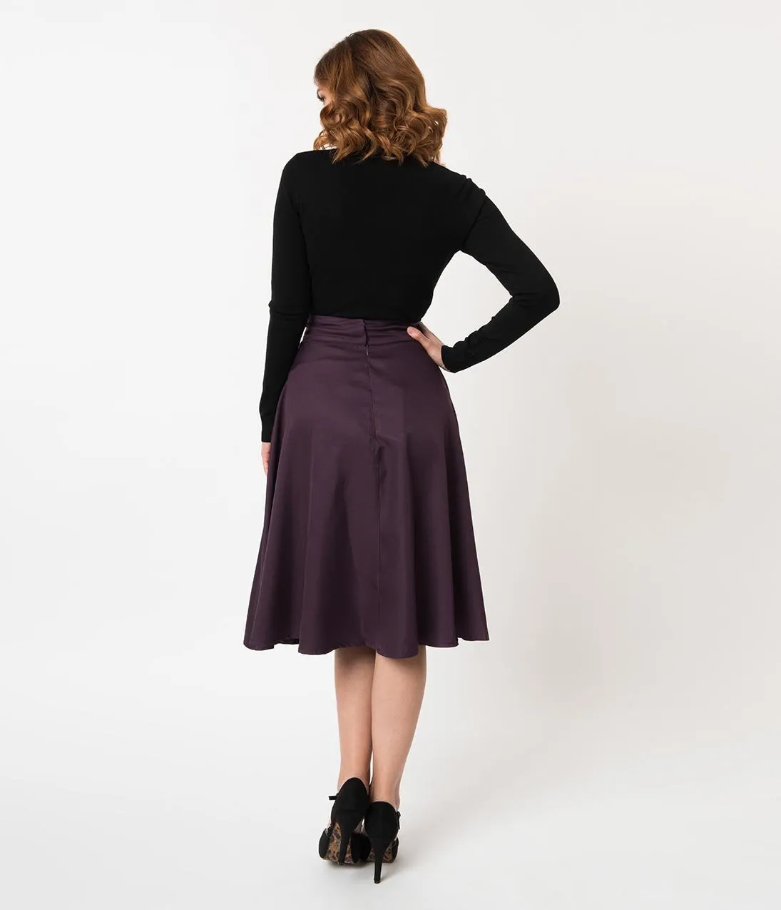 Unique Vintage Retro Style Eggplant Purple High Waist Vivien Swing Skirt