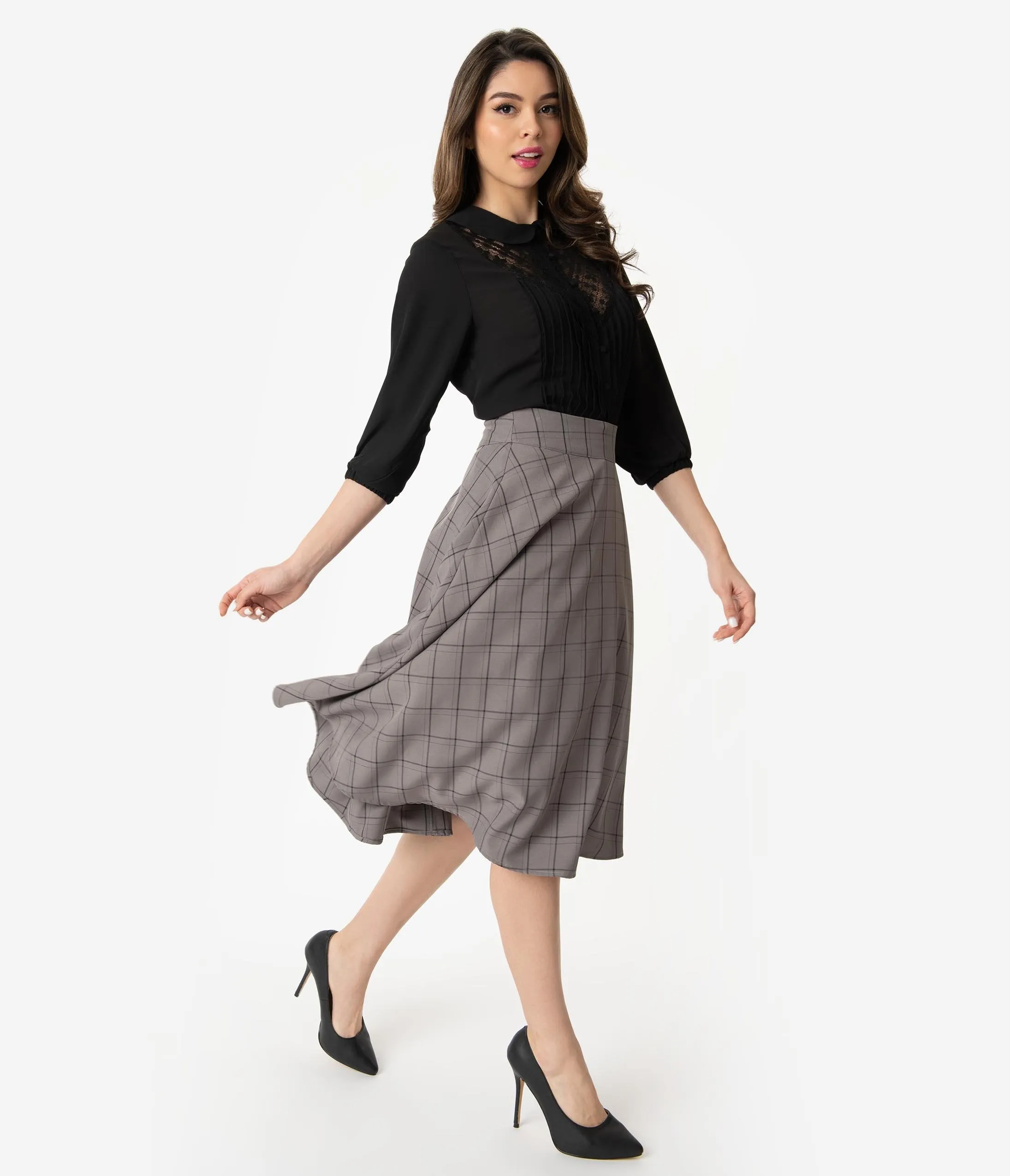 Unique Vintage Retro Style Grey & Black Windowpane High Waist Vivien Swing Skirt