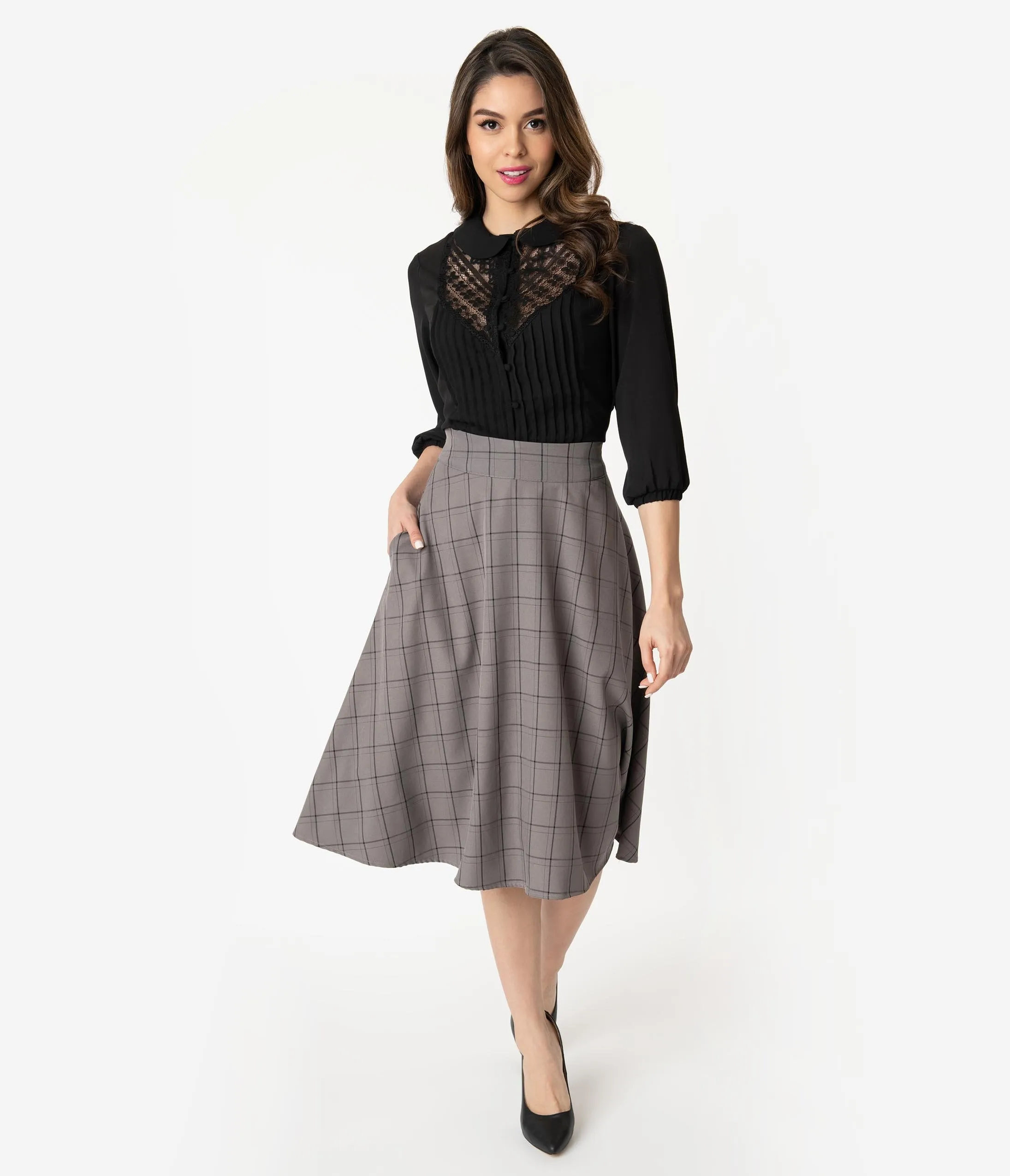 Unique Vintage Retro Style Grey & Black Windowpane High Waist Vivien Swing Skirt