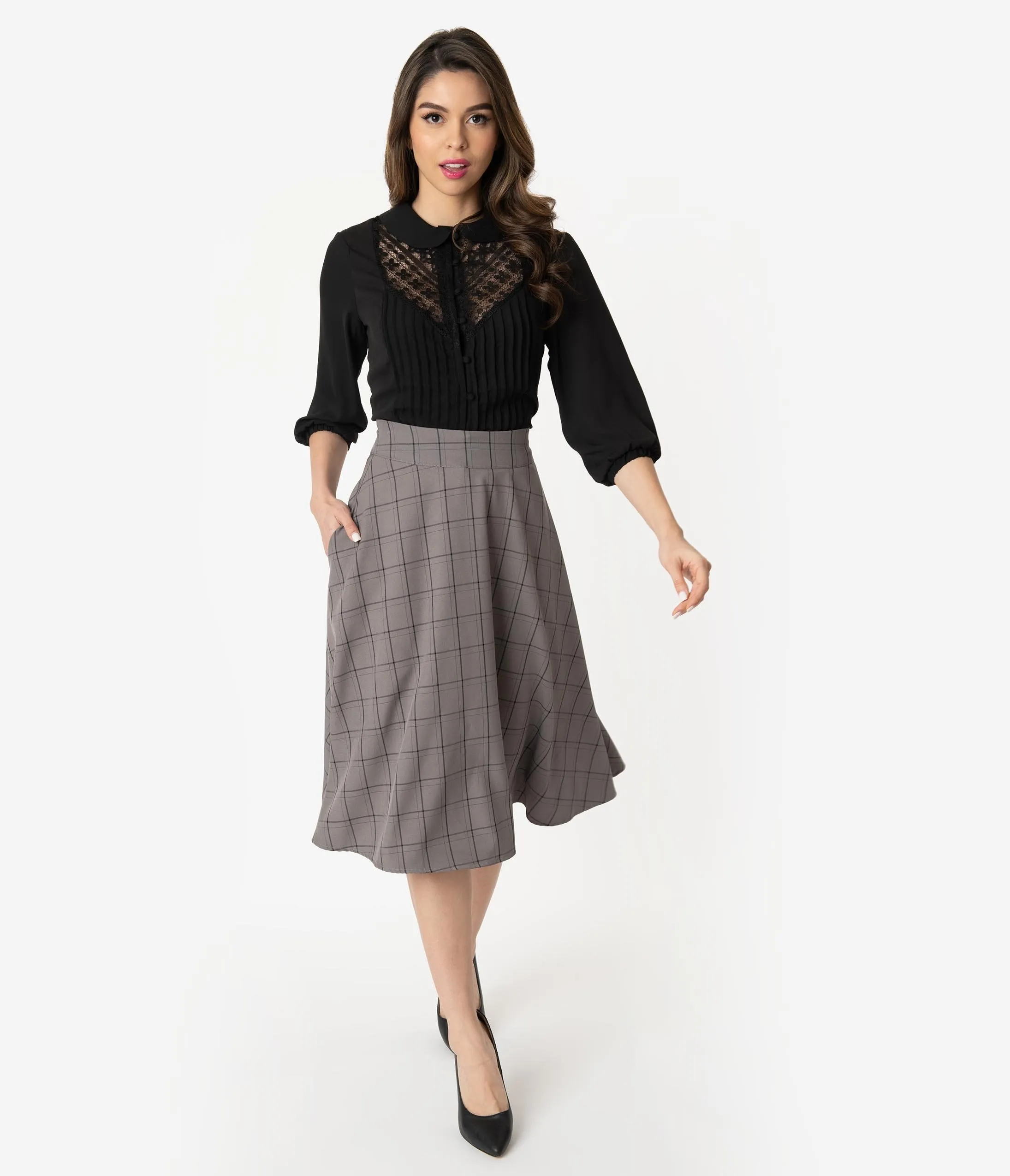 Unique Vintage Retro Style Grey & Black Windowpane High Waist Vivien Swing Skirt